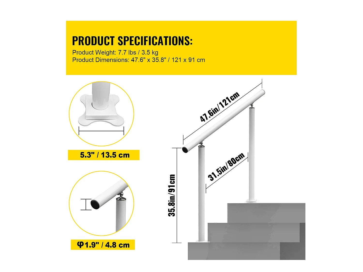 Rampe D'escalier SucceBuy Rampe D'extérieur de 4 Pieds et Balustrade de Jardin Blanche de 34 Po