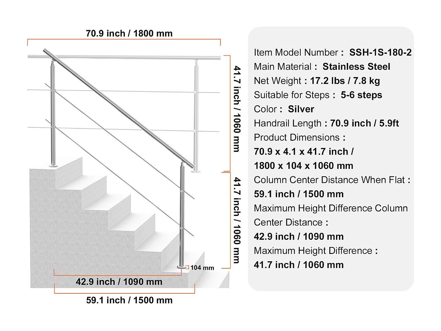 Ringhiera per Esterni SucceBuy Confezione da 2 Ringhiere per Gradini da Esterno con Barre Trasversali per Veranda e Terrazza, 70,9 Pollici