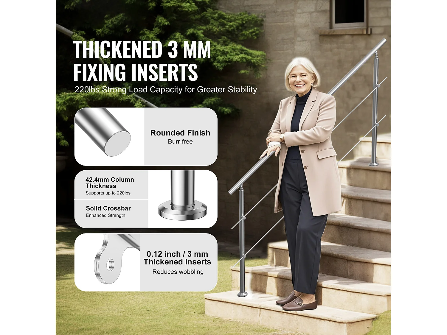 Ringhiera per Esterni SucceBuy Confezione da 2 Ringhiere per Gradini da Esterno con Barre Trasversali per Veranda e Terrazza, 70,9 Pollici