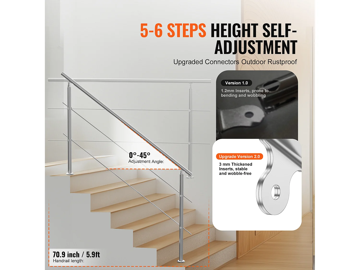 Ringhiera per Esterni SucceBuy Confezione da 2 Ringhiere per Gradini da Esterno con Barre Trasversali per Veranda e Terrazza, 70,9 Pollici