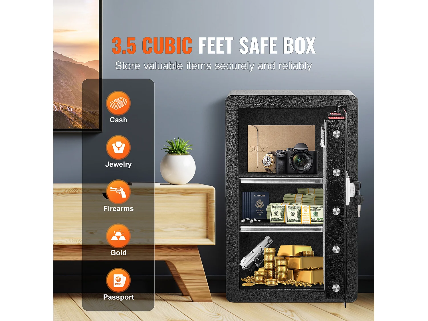 4,0 Cu. Voet Kluis met Enkele deur SucceBuy, Sleutel- en Wachtwoordslot, LED-Verlichting, Zwart