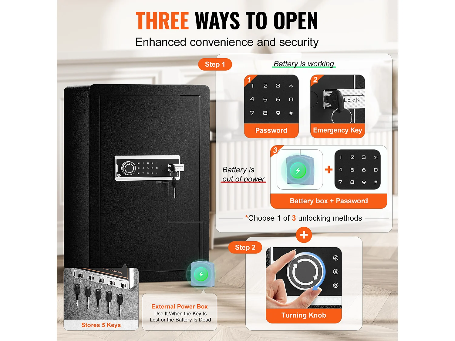 4,0 Cu. Voet Kluis met Enkele deur SucceBuy, Sleutel- en Wachtwoordslot, LED-Verlichting, Zwart