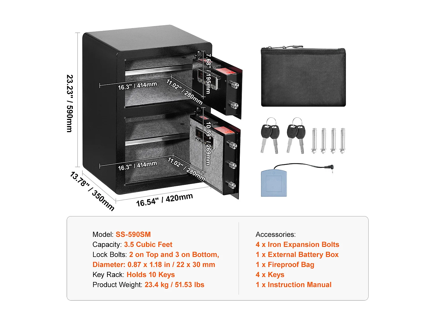 3,5 Stóp Sześciennych Sejf z Podwójnymi Drzwiami i Blokadą Hasła SucceBuy, Czarna Torba Ognioodporna
