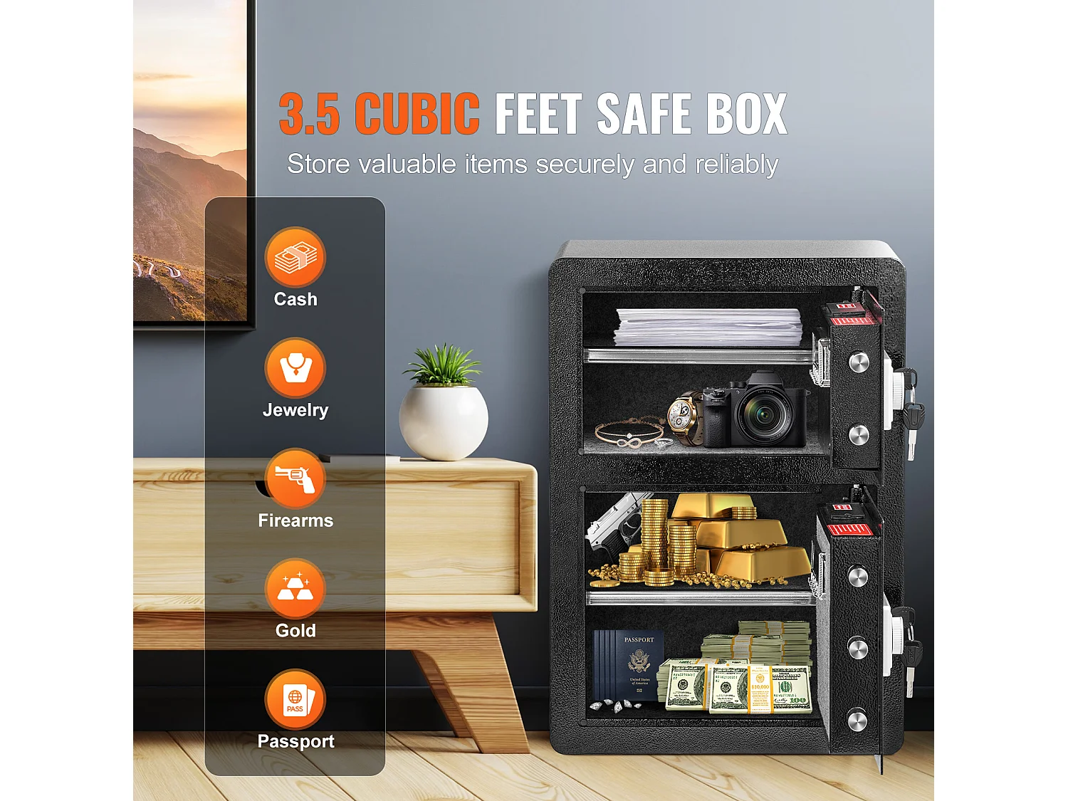 3,5 Stóp Sześciennych Sejf z Podwójnymi Drzwiami i Blokadą Hasła SucceBuy, Czarna Torba Ognioodporna