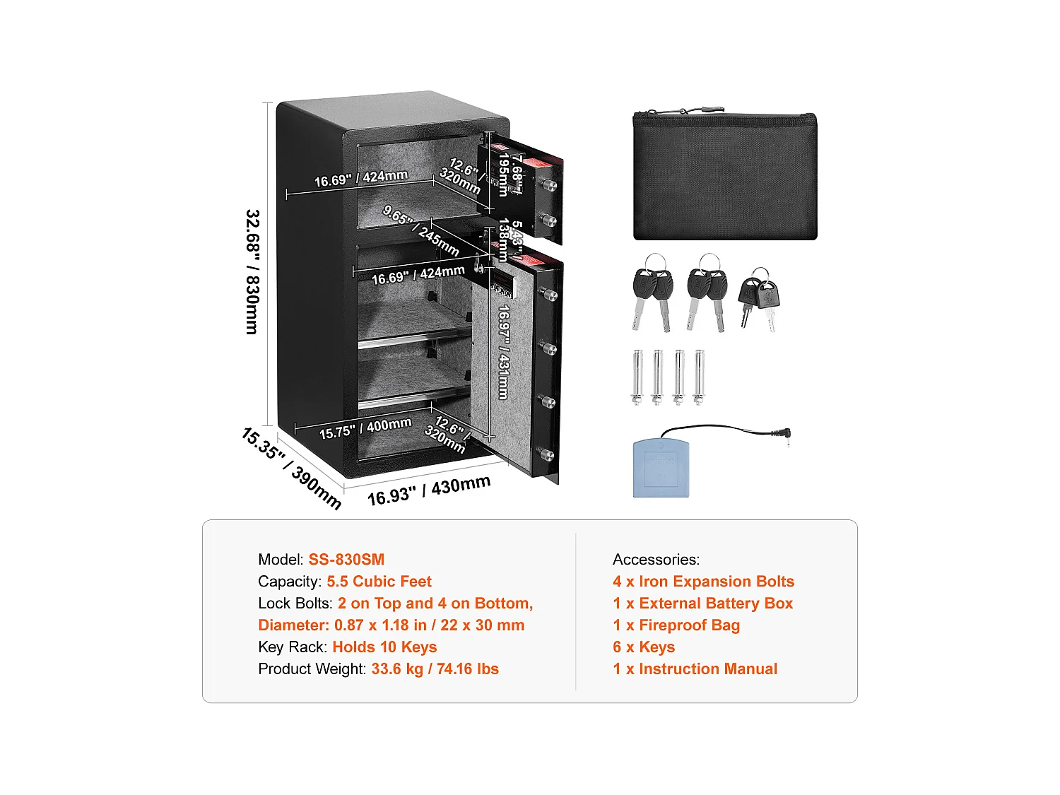 Coffre-Fort SucceBuy Coffre-fort à Double Porte de 155.7 L Noir avec Serrure à Clé et Armoire à Mot de Passe