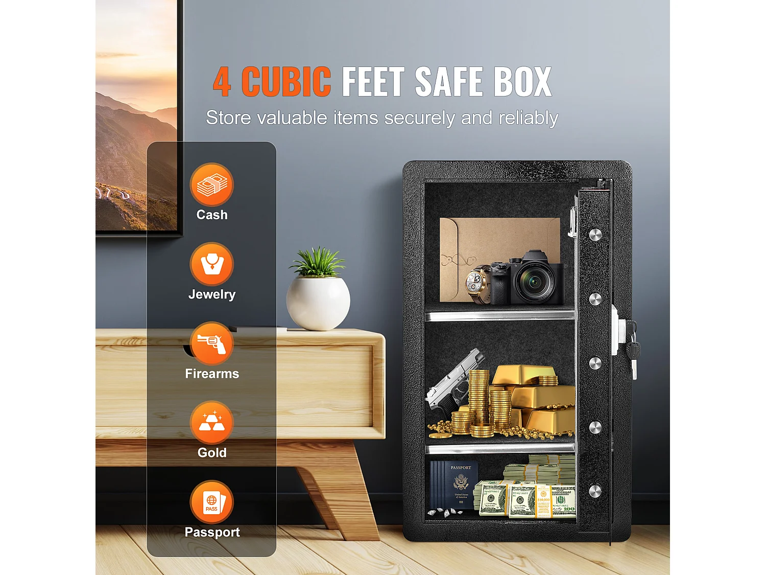 4,0 cu. ft. Enkele deurkluis met sleutel SucceBuy, wachtwoord en vingerafdrukslot, zwart