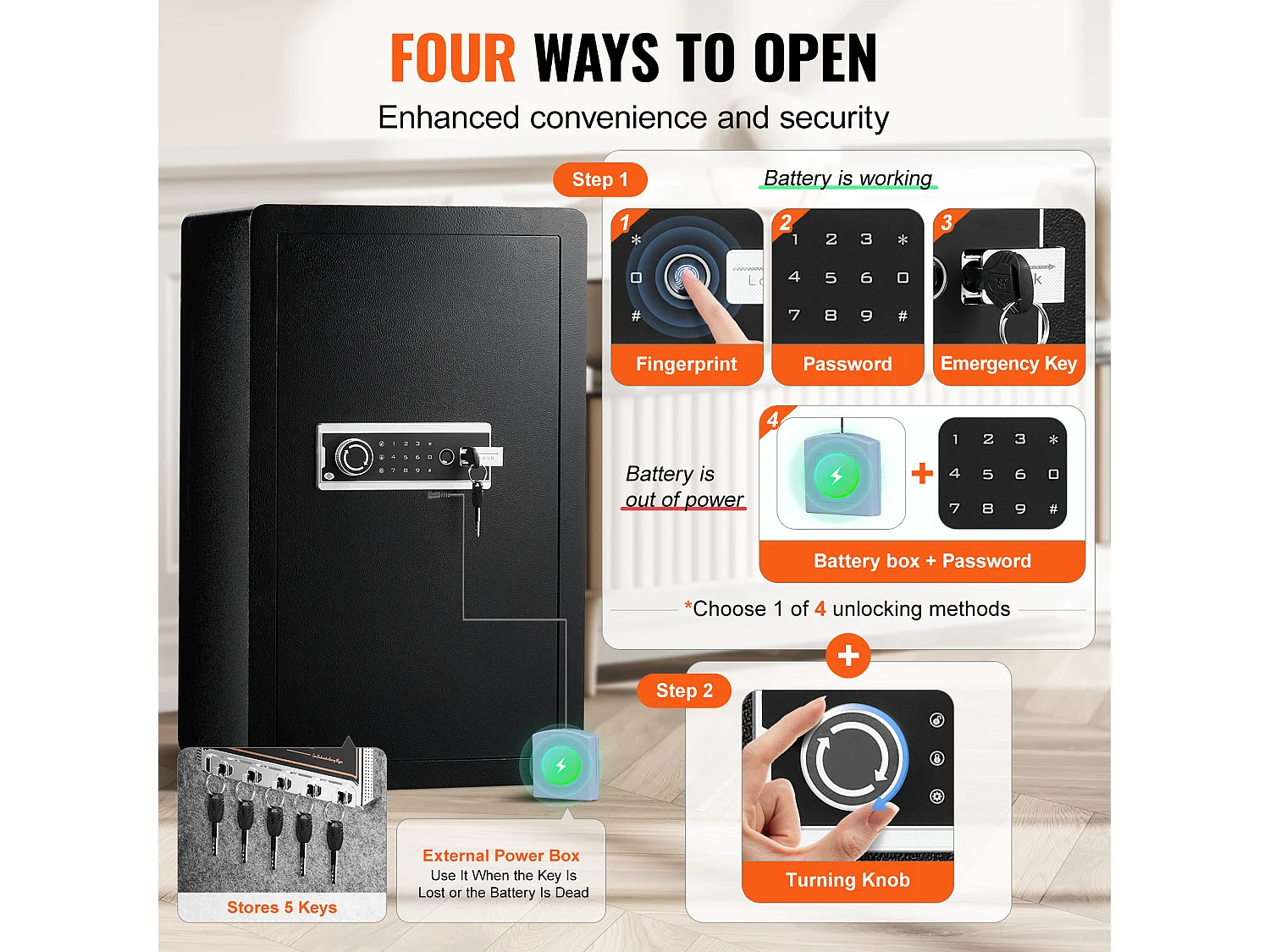 4,0 cu. ft. Enkele deurkluis met sleutel SucceBuy, wachtwoord en vingerafdrukslot, zwart