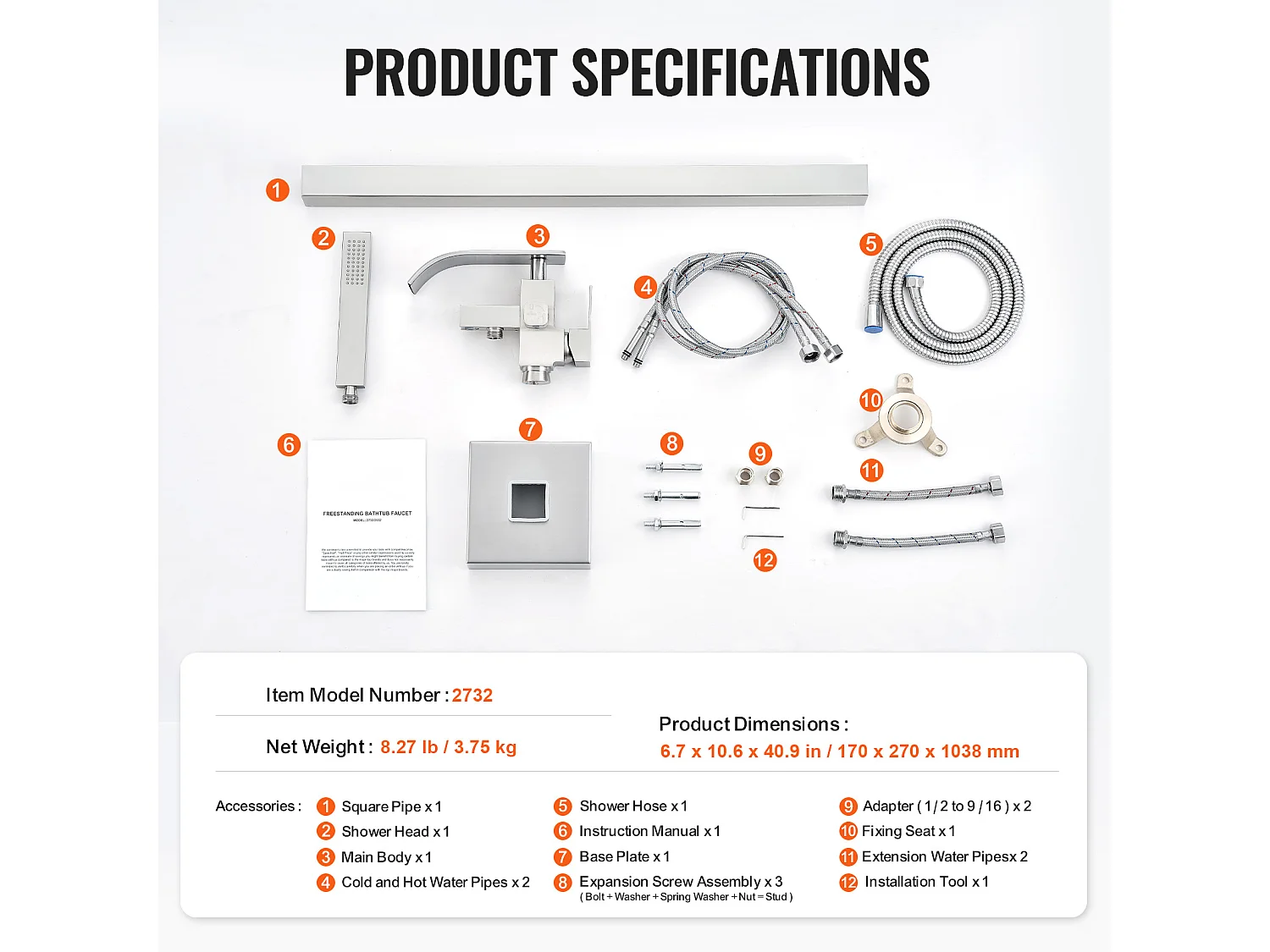 Ensemble Baignoire SucceBuy Robinet de Baignoire Autoportant Deux Modes Montage au Sol à 360°