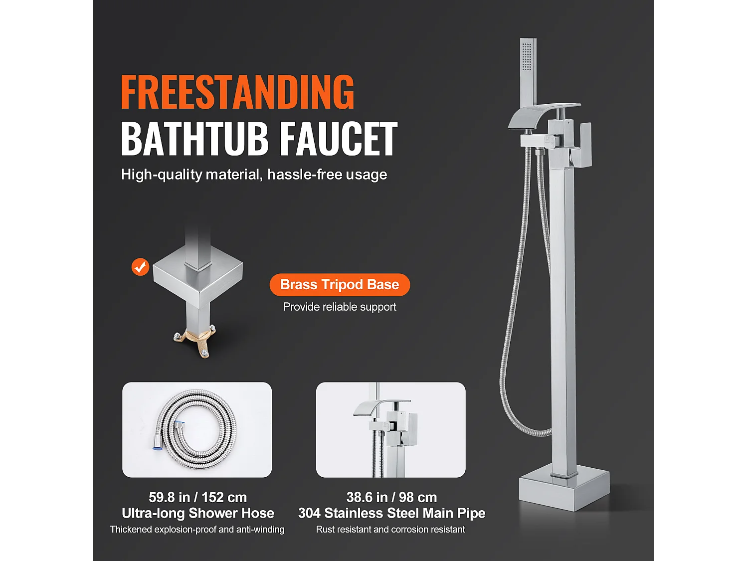 Ensemble Baignoire SucceBuy Robinet de Baignoire Autoportant Deux Modes Montage au Sol à 360°