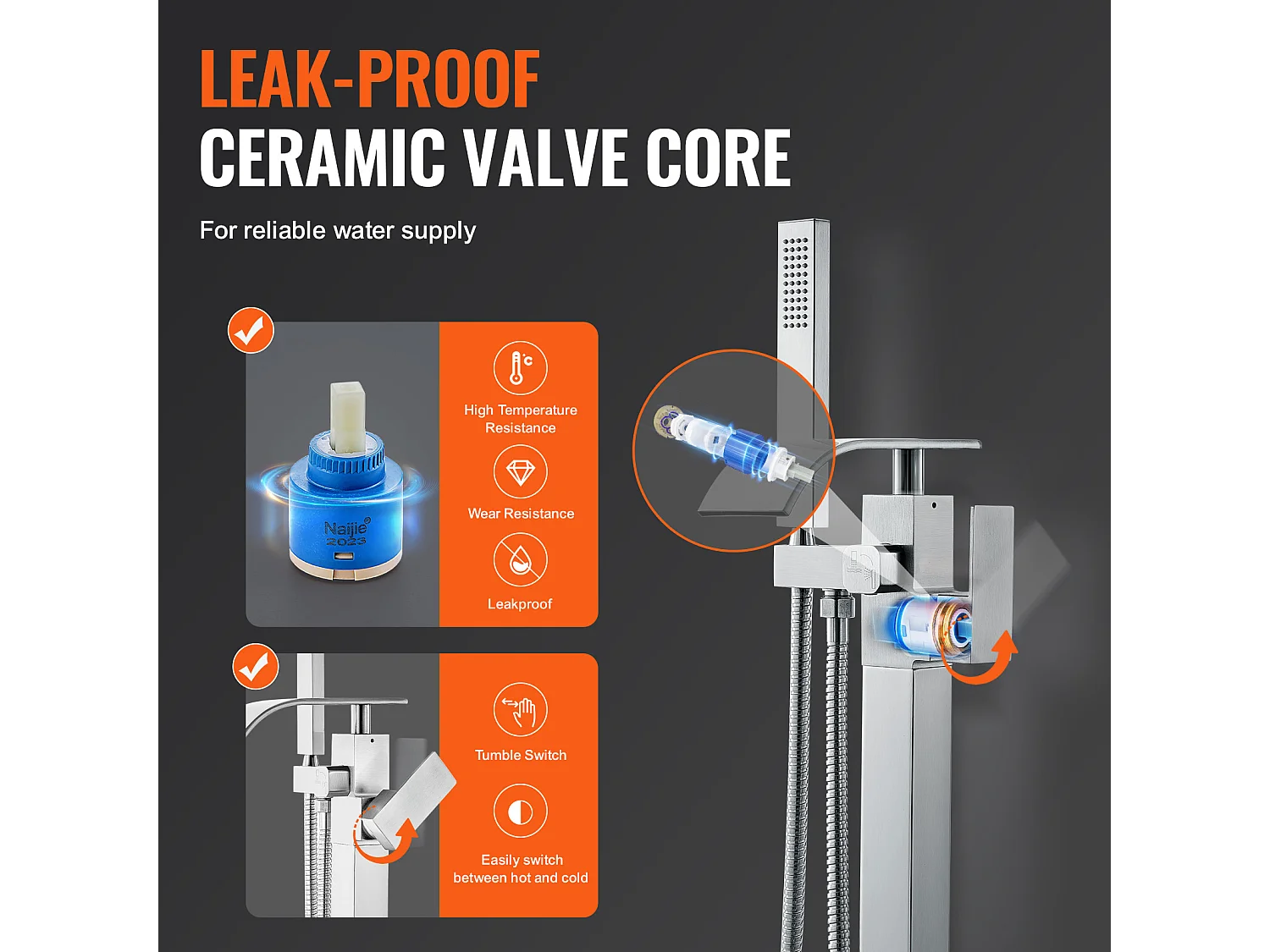 Ensemble Baignoire SucceBuy Robinet de Baignoire Autoportant Deux Modes Montage au Sol à 360°