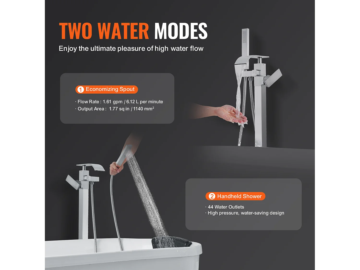 Ensemble Baignoire SucceBuy Robinet de Baignoire Autoportant Deux Modes Montage au Sol à 360°