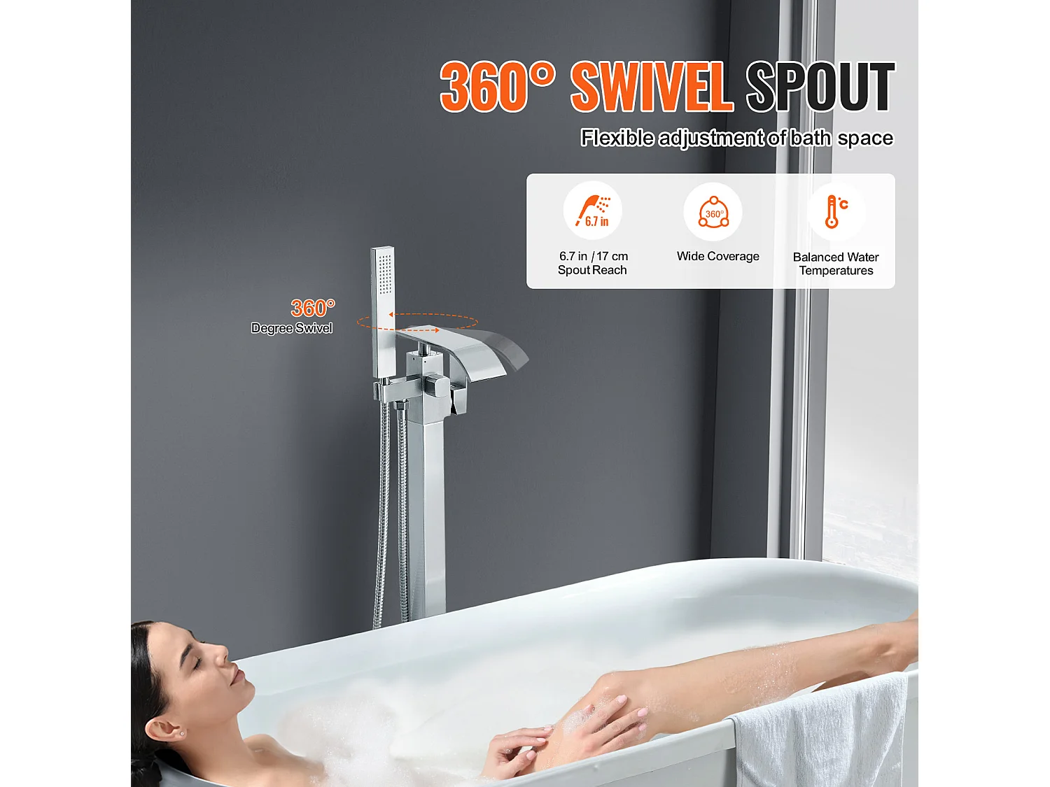 Ensemble Baignoire SucceBuy Robinet de Baignoire Autoportant Deux Modes Montage au Sol à 360°