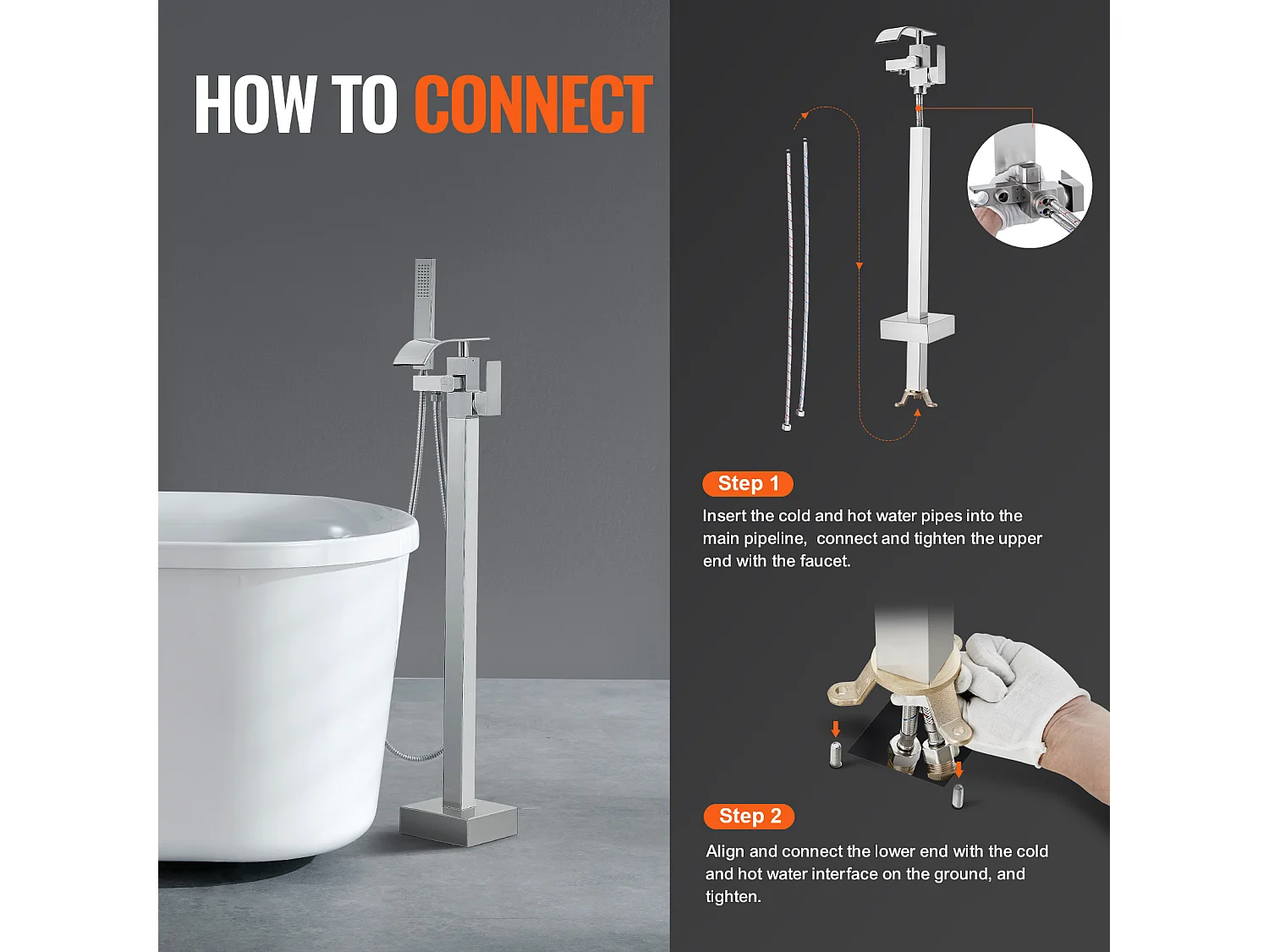 Ensemble Baignoire SucceBuy Robinet de Baignoire Autoportant Deux Modes Montage au Sol à 360°