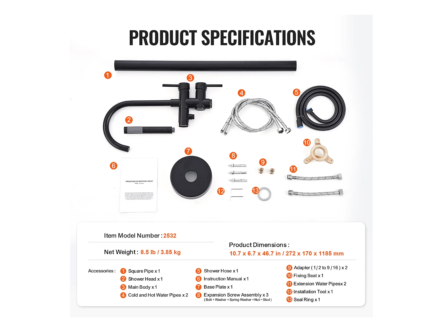 Ensemble Baignoire SucceBuy Robinet de Baignoire Autoportant, Montage au Sol, Pivotant à 360°, Deux Modes D'eau
