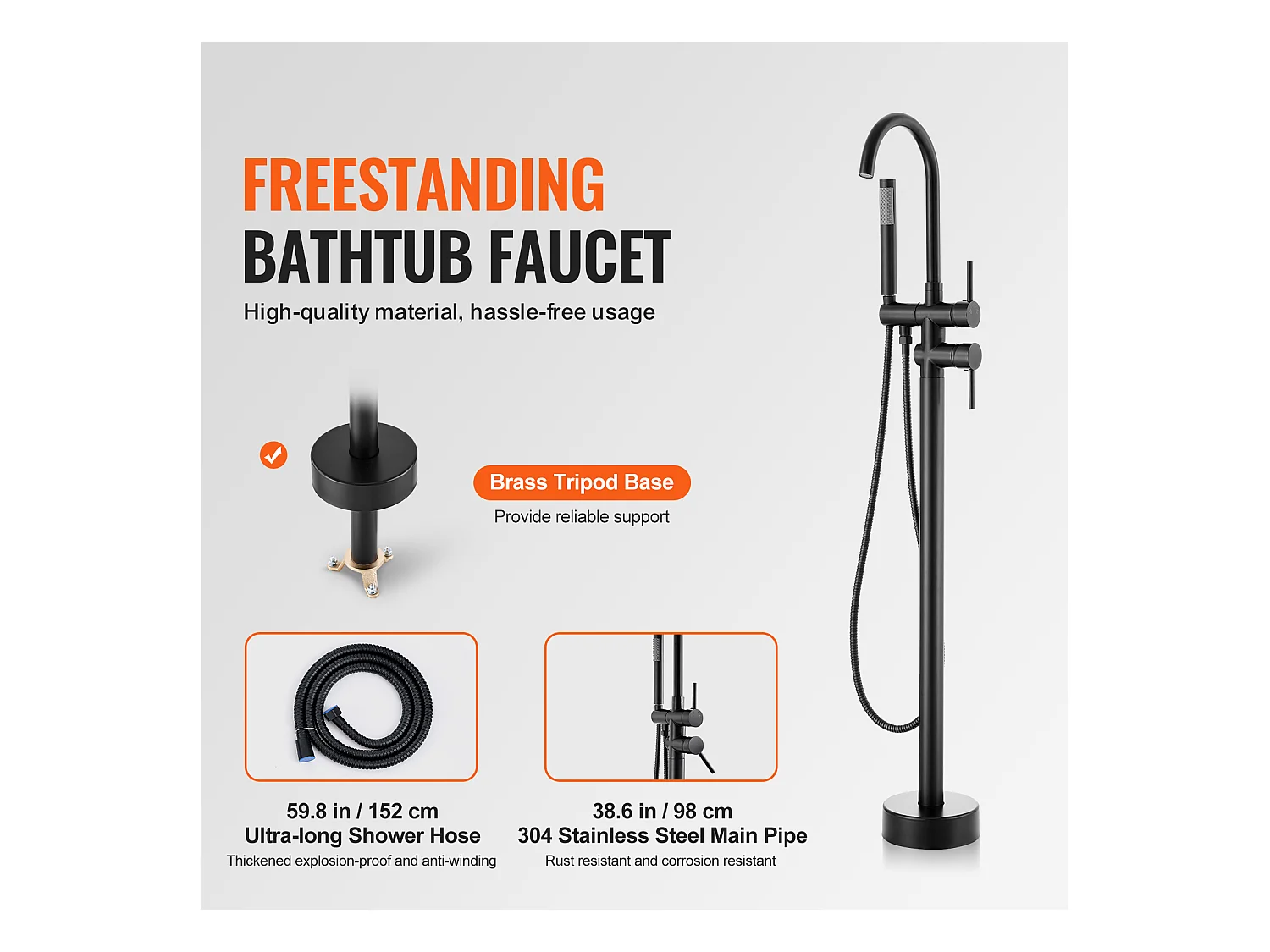 Ensemble Baignoire SucceBuy Robinet de Baignoire Autoportant, Montage au Sol, Pivotant à 360°, Deux Modes D'eau