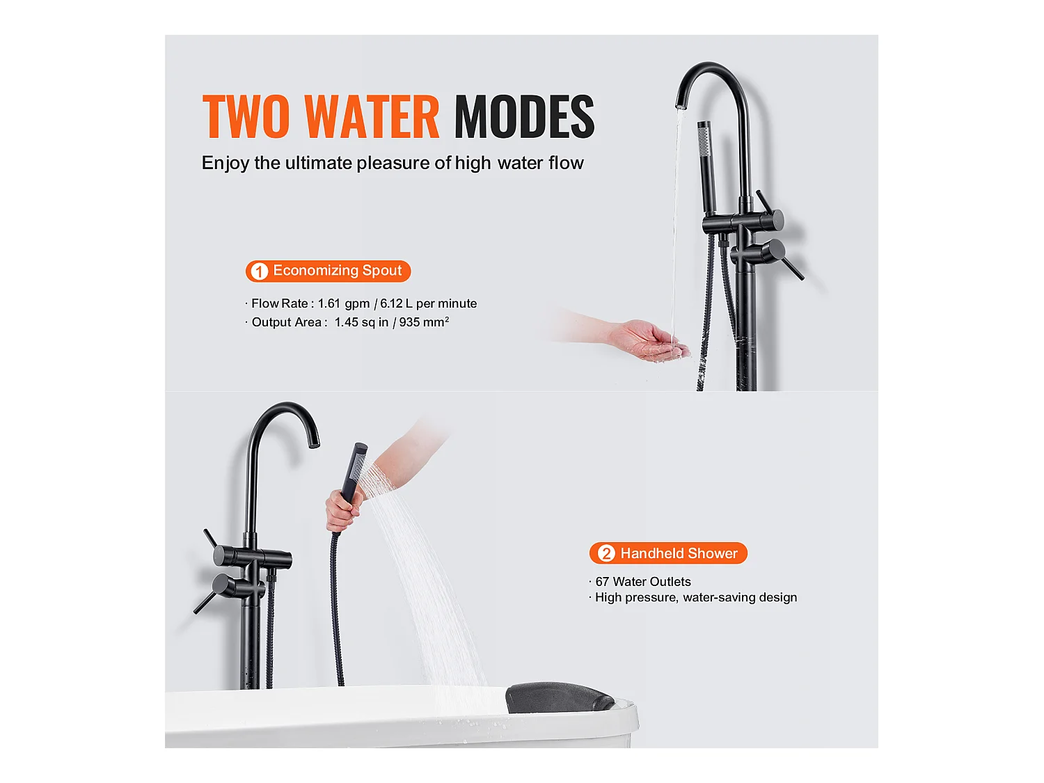 Ensemble Baignoire SucceBuy Robinet de Baignoire Autoportant, Montage au Sol, Pivotant à 360°, Deux Modes D'eau