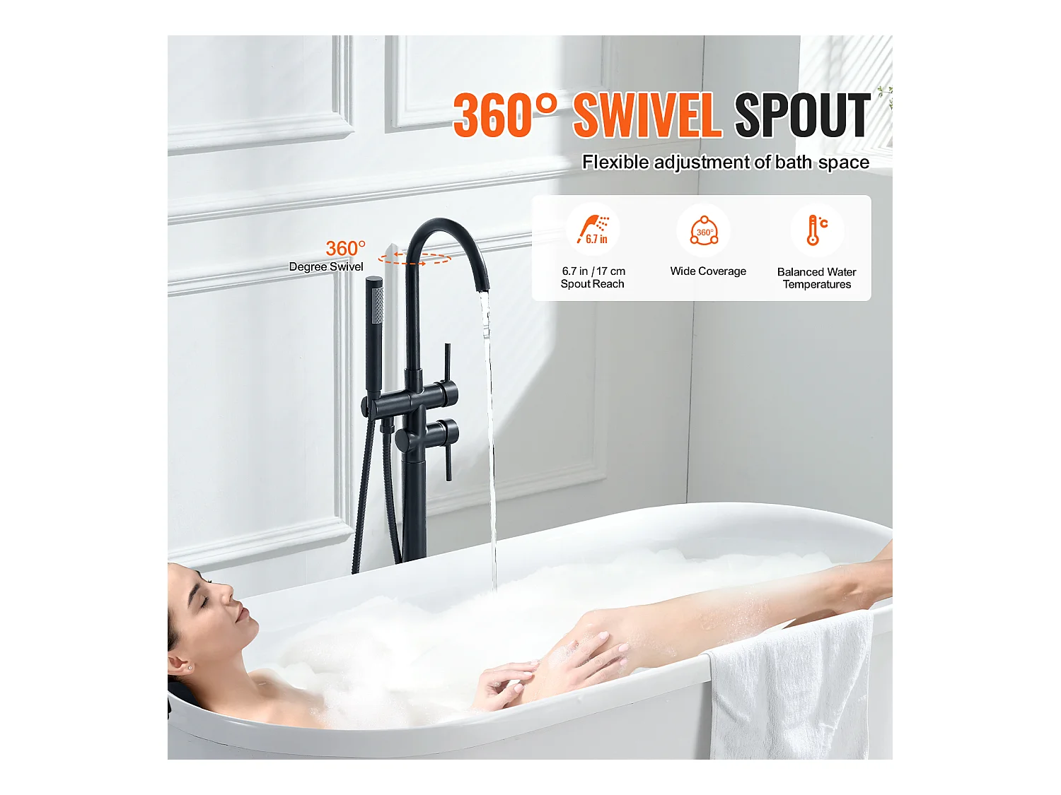 Ensemble Baignoire SucceBuy Robinet de Baignoire Autoportant, Montage au Sol, Pivotant à 360°, Deux Modes D'eau