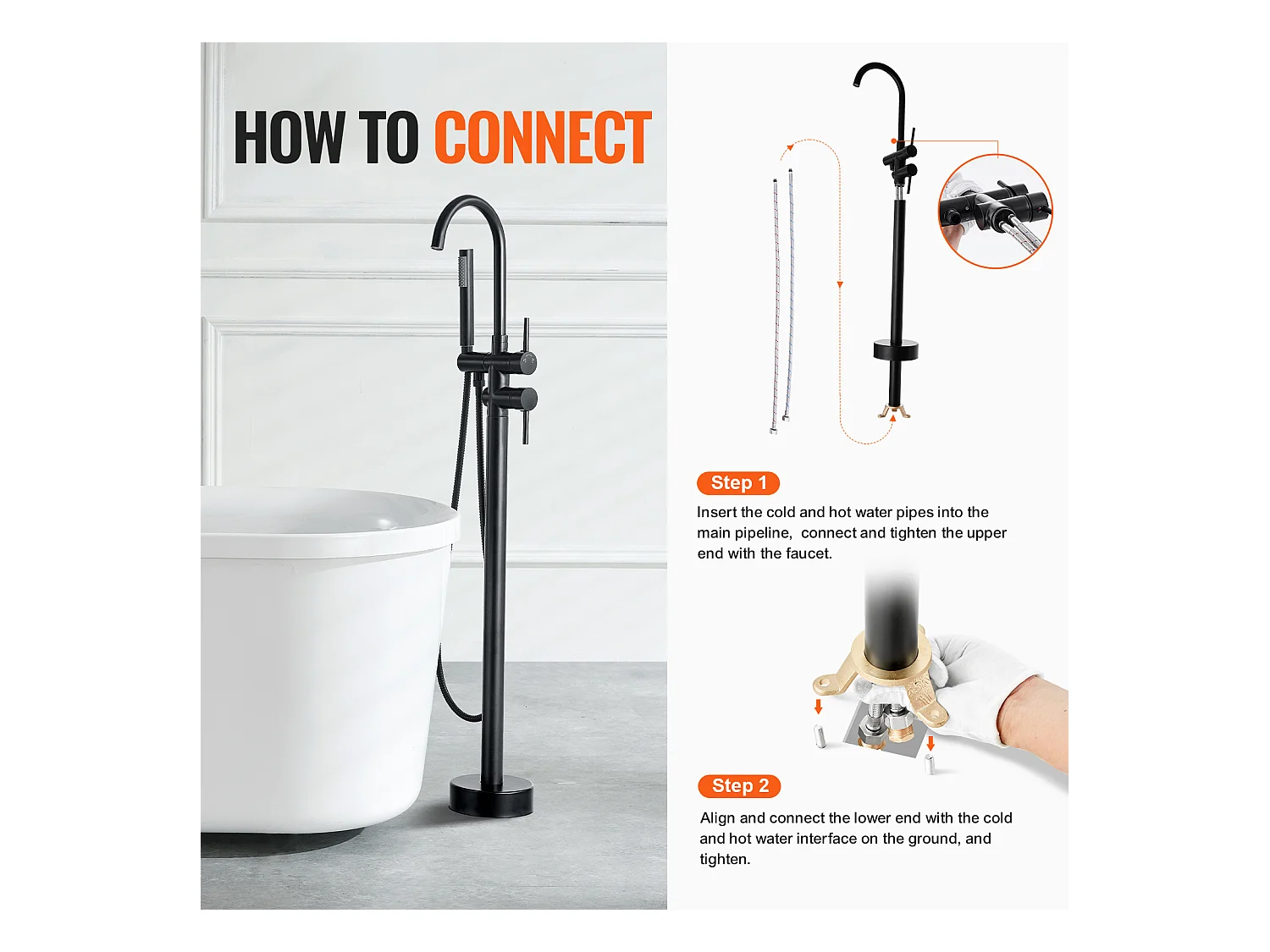 Ensemble Baignoire SucceBuy Robinet de Baignoire Autoportant, Montage au Sol, Pivotant à 360°, Deux Modes D'eau