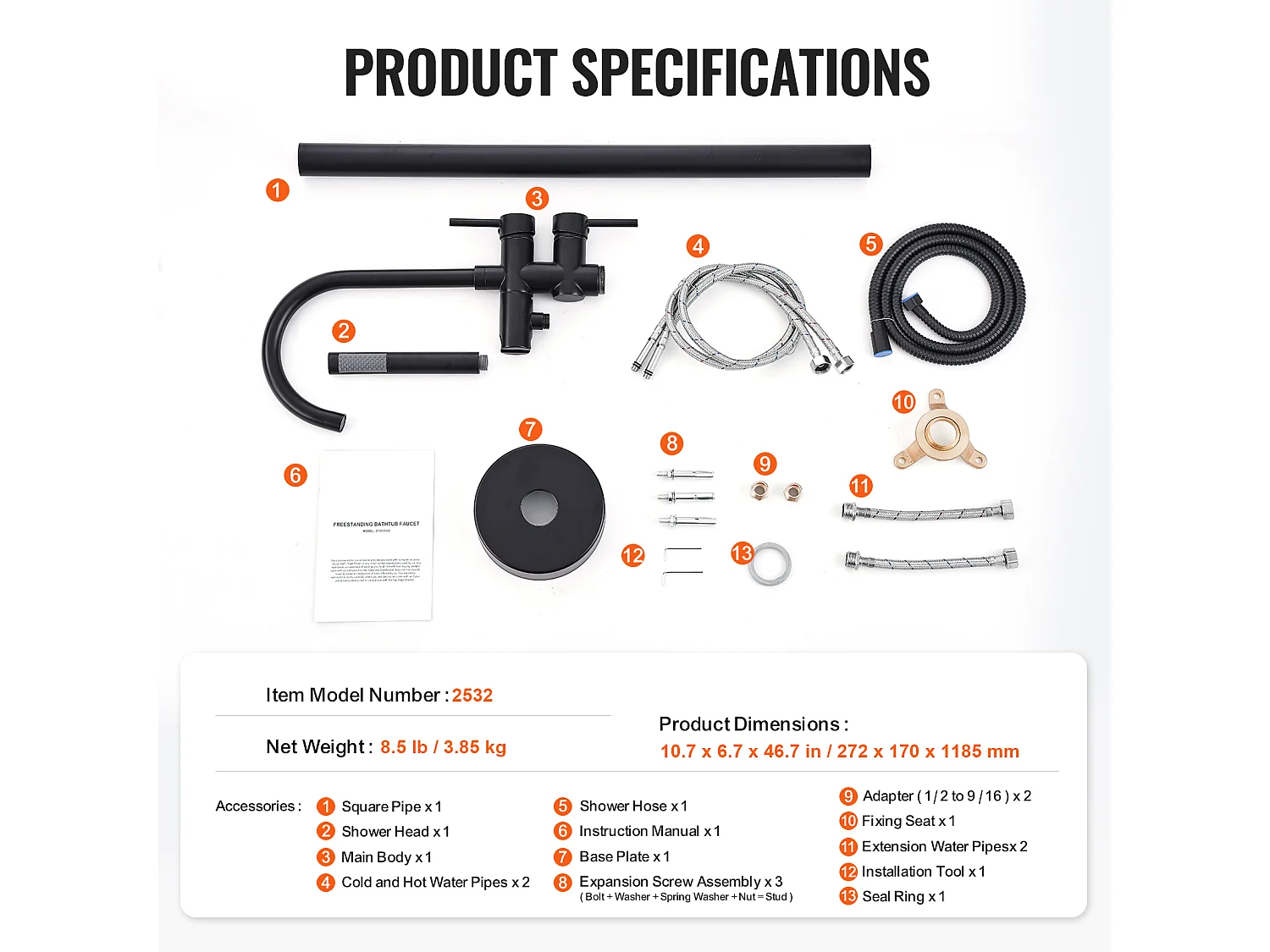 Ensemble Baignoire SucceBuy Robinet de Baignoire Autoportant, Montage au Sol, Pivotant à 360°, Deux Modes D'eau