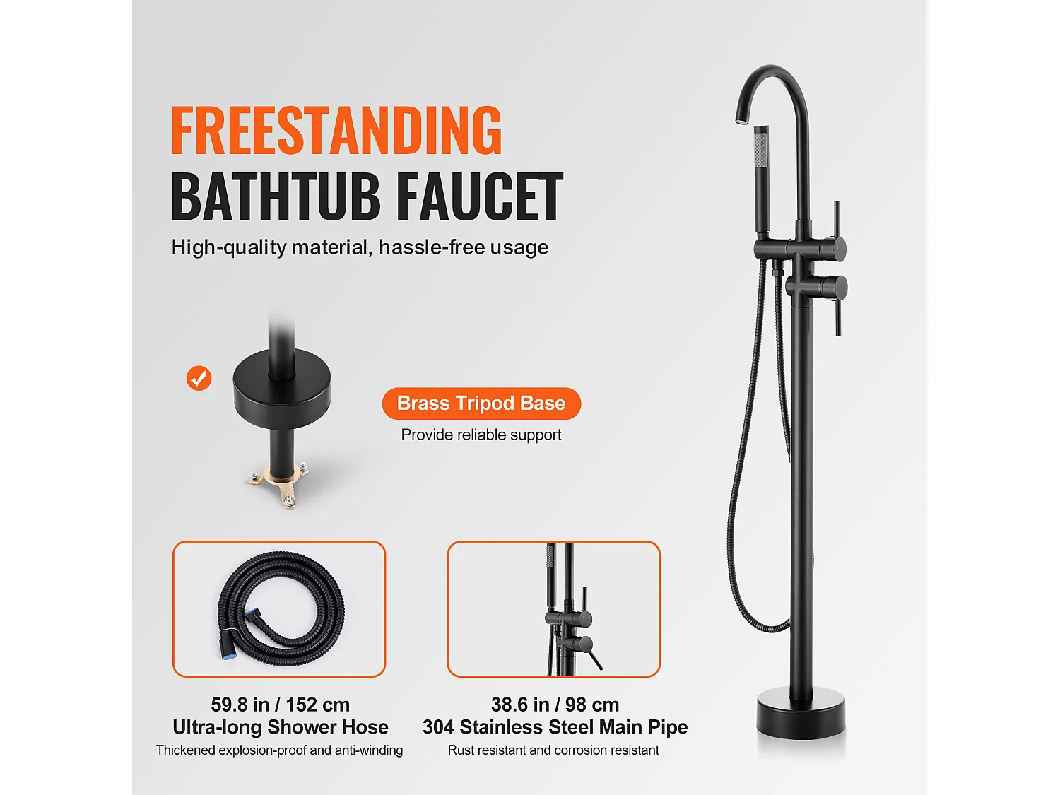 Ensemble Baignoire SucceBuy Robinet de Baignoire Autoportant, Montage au Sol, Pivotant à 360°, Deux Modes D'eau