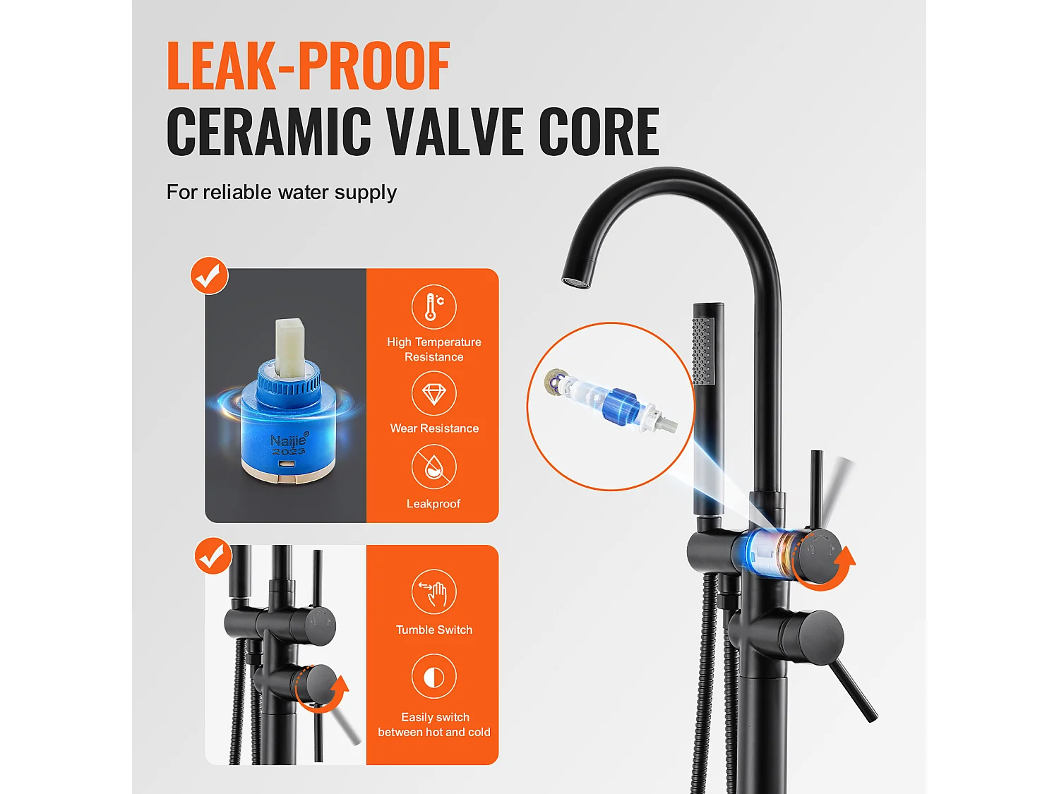 Ensemble Baignoire SucceBuy Robinet de Baignoire Autoportant, Montage au Sol, Pivotant à 360°, Deux Modes D'eau