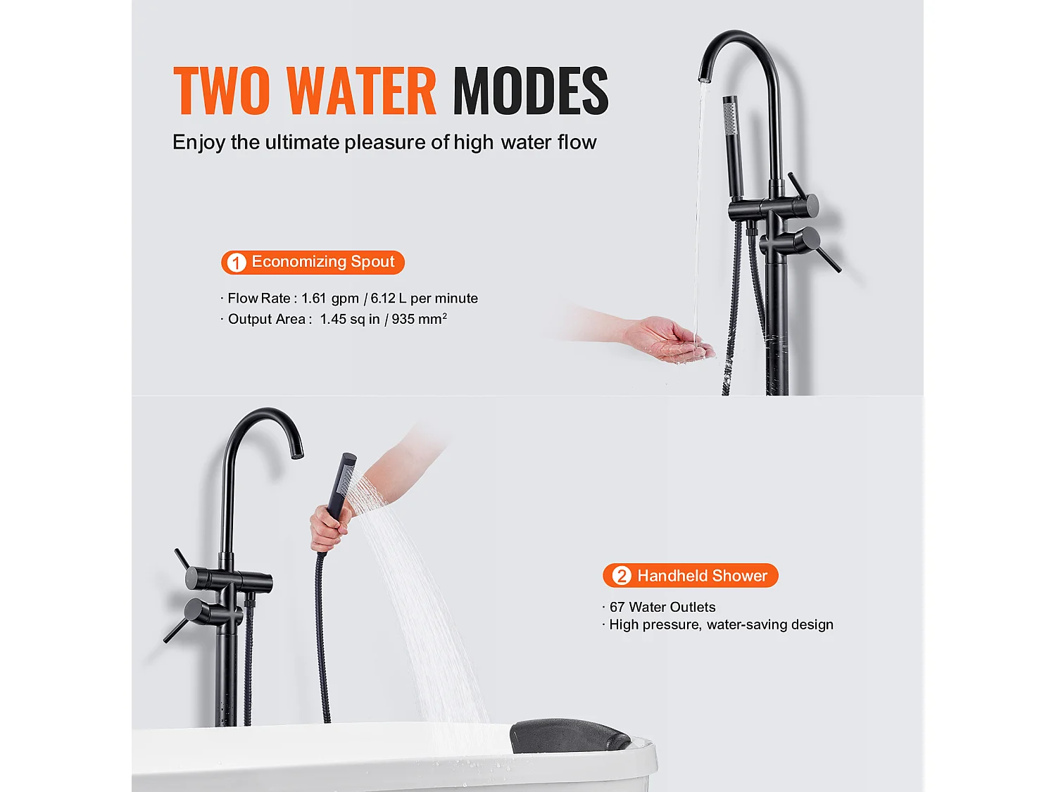 Ensemble Baignoire SucceBuy Robinet de Baignoire Autoportant, Montage au Sol, Pivotant à 360°, Deux Modes D'eau