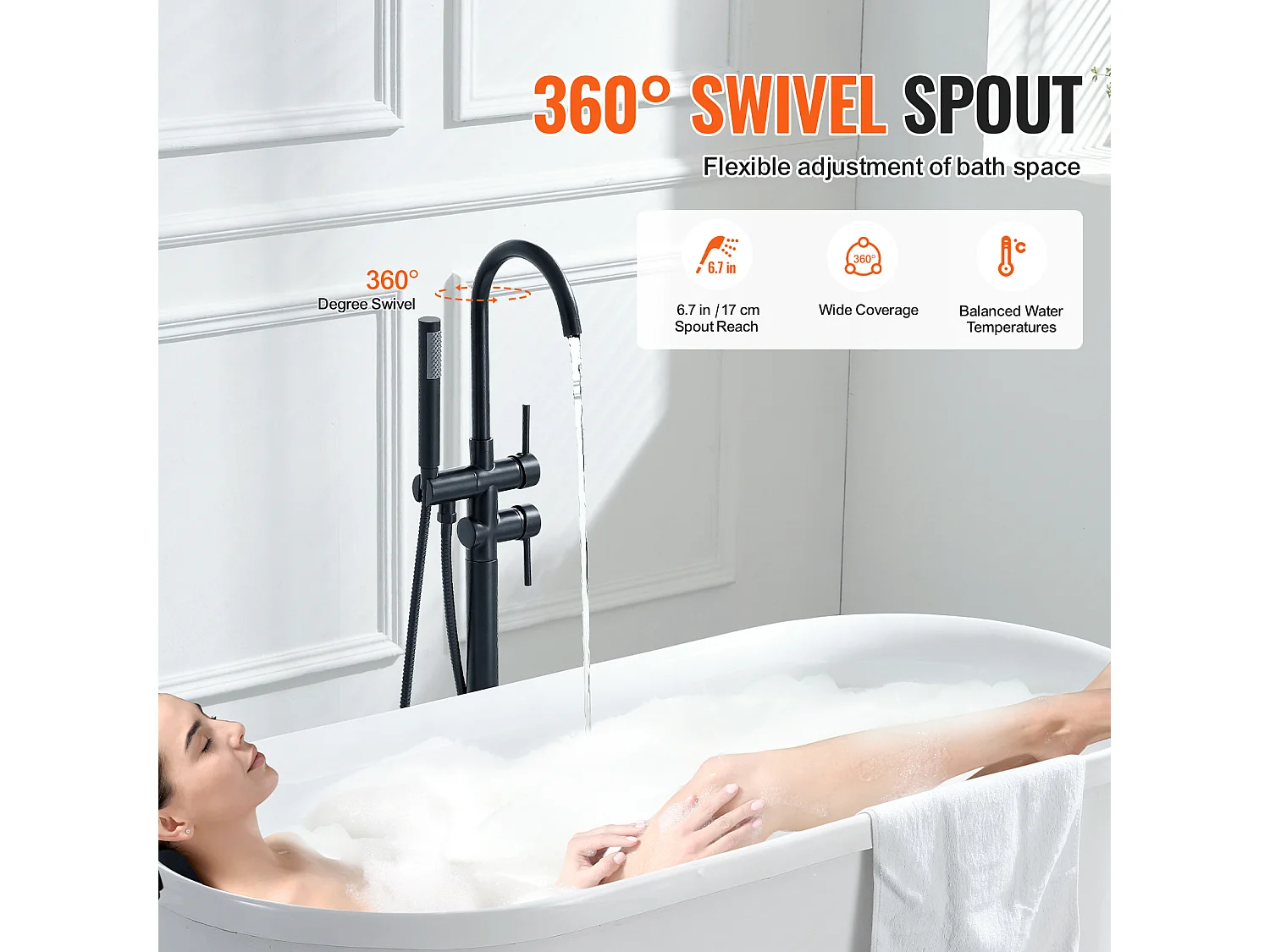 Ensemble Baignoire SucceBuy Robinet de Baignoire Autoportant, Montage au Sol, Pivotant à 360°, Deux Modes D'eau