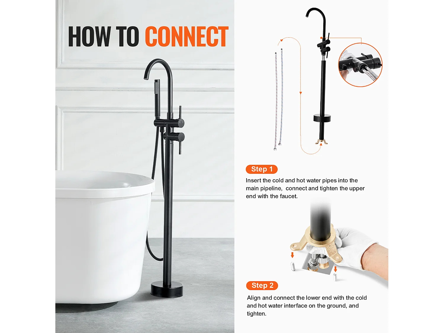 Ensemble Baignoire SucceBuy Robinet de Baignoire Autoportant, Montage au Sol, Pivotant à 360°, Deux Modes D'eau