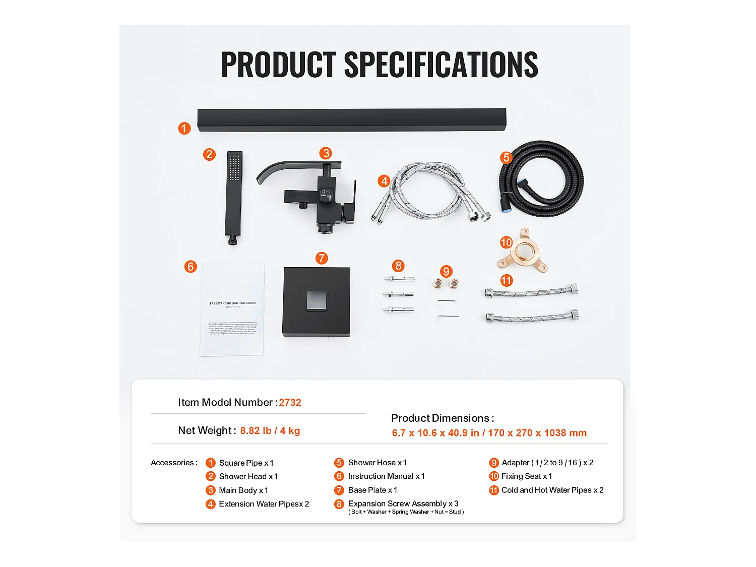 Ensemble Baignoire SucceBuy Robinet de Baignoire Autoportant, Montage au Sol, Pivotant à 360°, Deux Modes D'eau