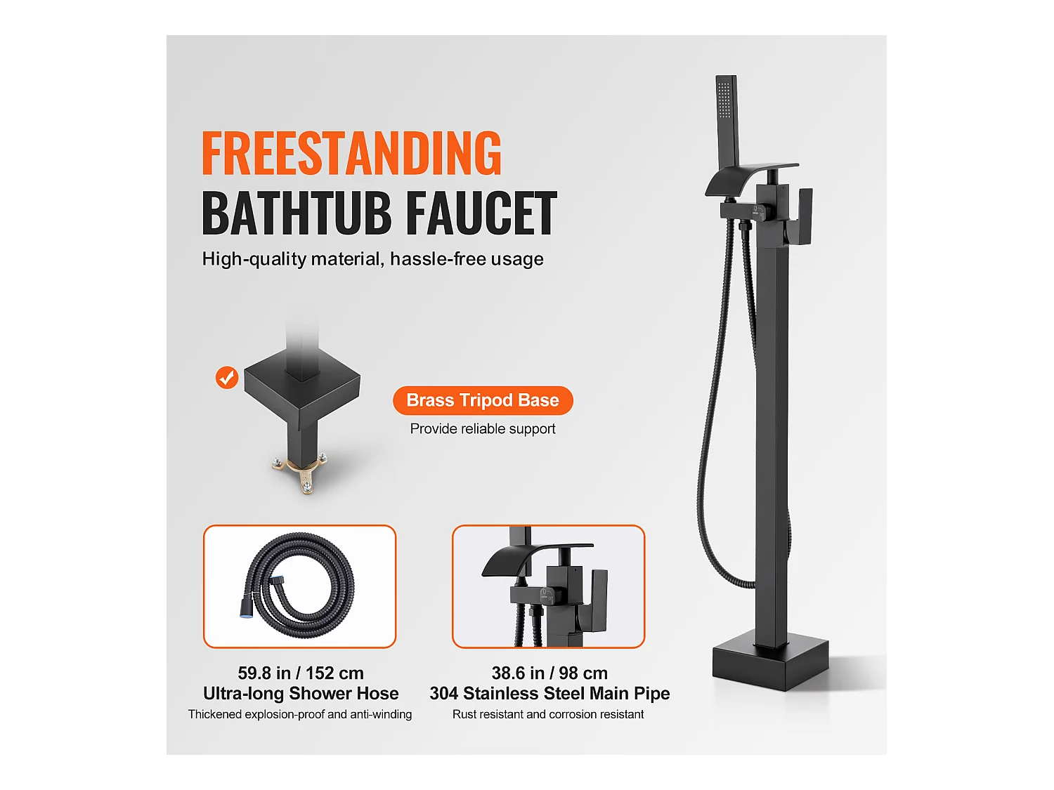 Ensemble Baignoire SucceBuy Robinet de Baignoire Autoportant, Montage au Sol, Pivotant à 360°, Deux Modes D'eau