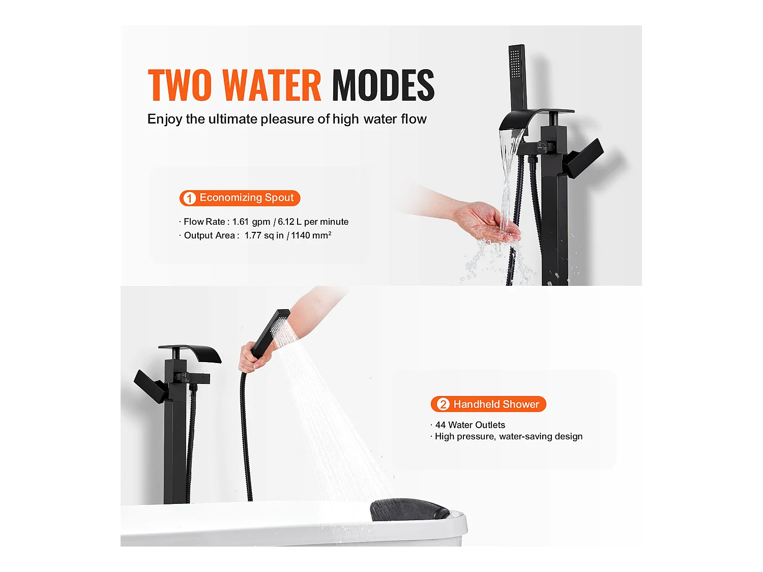 Ensemble Baignoire SucceBuy Robinet de Baignoire Autoportant, Montage au Sol, Pivotant à 360°, Deux Modes D'eau