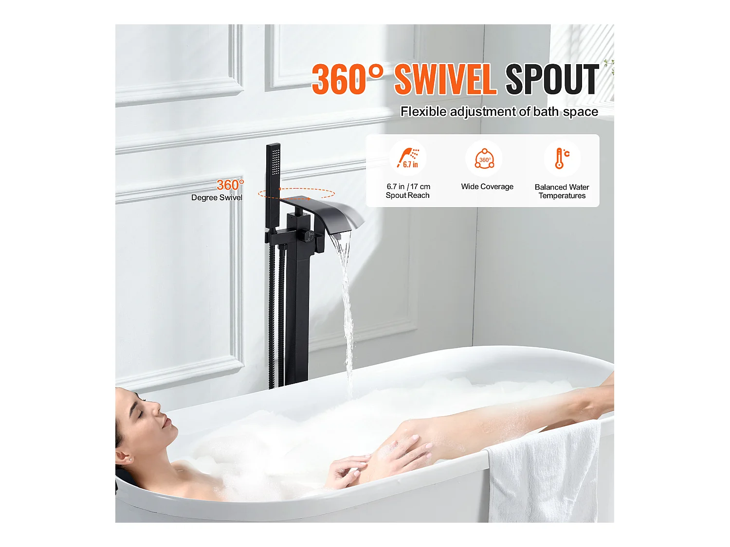 Ensemble Baignoire SucceBuy Robinet de Baignoire Autoportant, Montage au Sol, Pivotant à 360°, Deux Modes D'eau