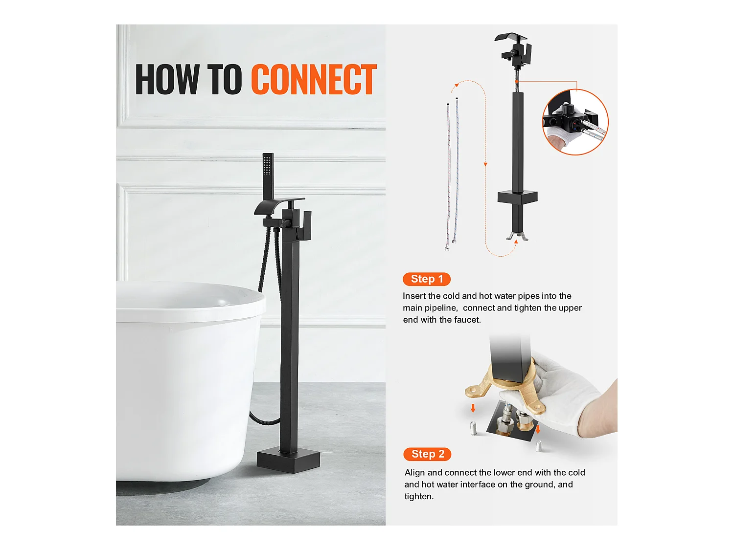 Ensemble Baignoire SucceBuy Robinet de Baignoire Autoportant, Montage au Sol, Pivotant à 360°, Deux Modes D'eau