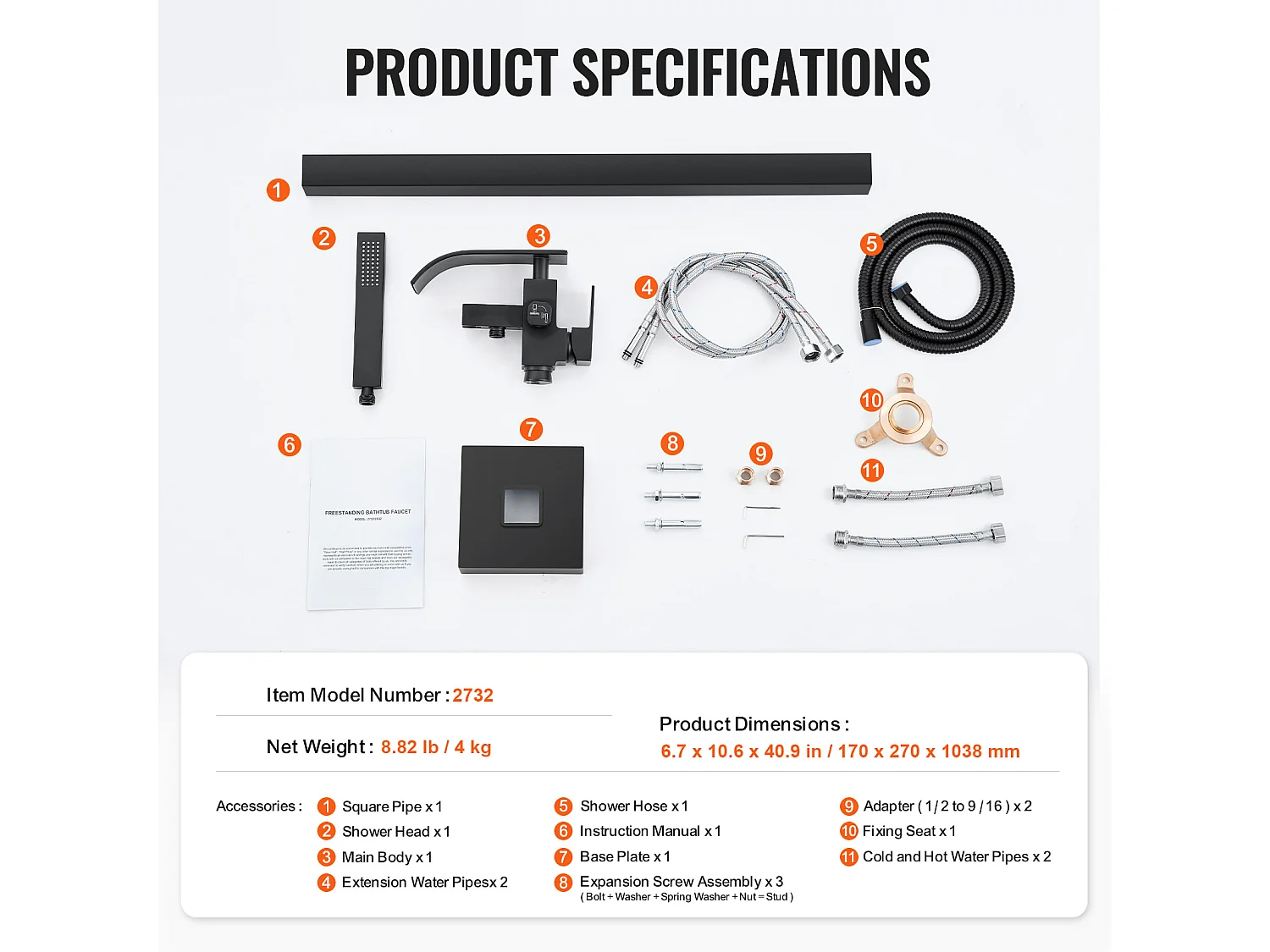 Ensemble Baignoire SucceBuy Robinet de Baignoire Autoportant, Montage au Sol, Pivotant à 360°, Deux Modes D'eau