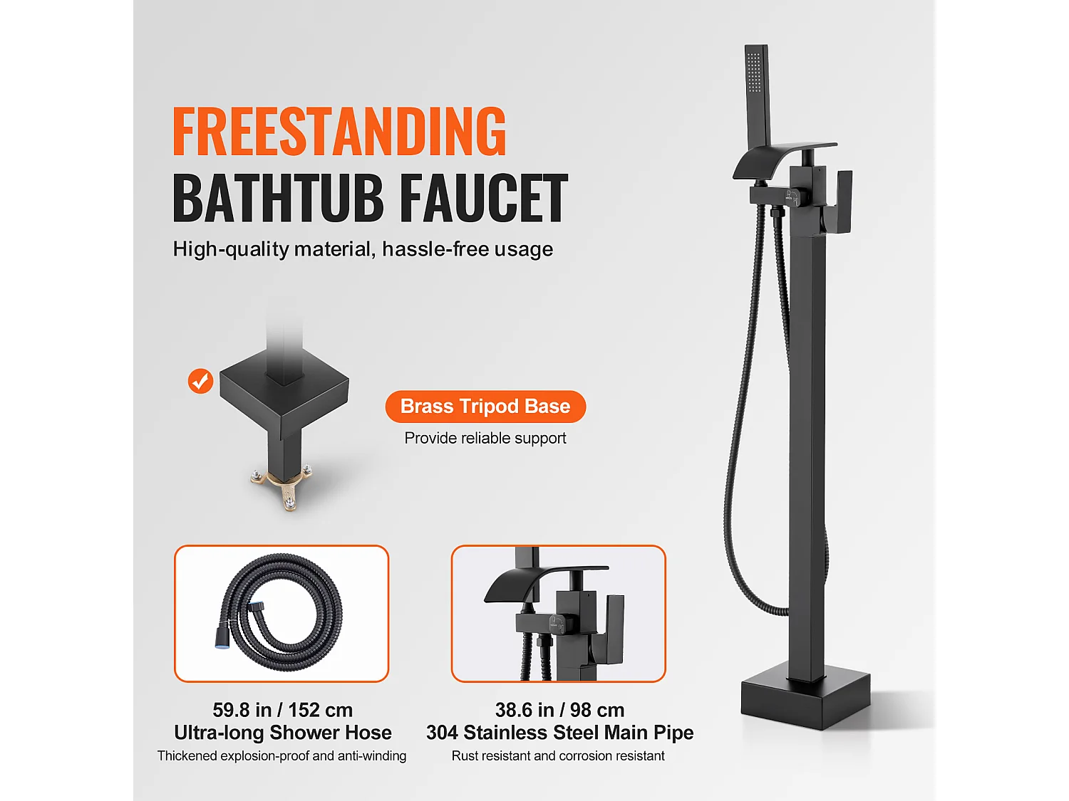 Ensemble Baignoire SucceBuy Robinet de Baignoire Autoportant, Montage au Sol, Pivotant à 360°, Deux Modes D'eau