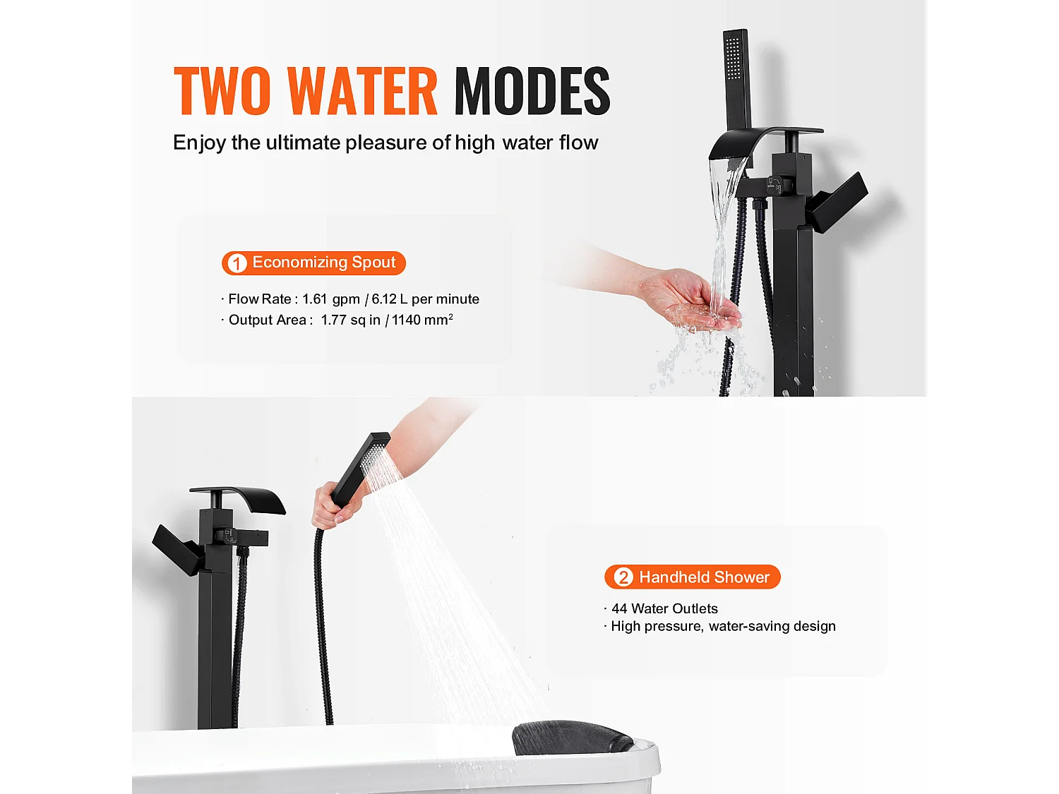 Ensemble Baignoire SucceBuy Robinet de Baignoire Autoportant, Montage au Sol, Pivotant à 360°, Deux Modes D'eau