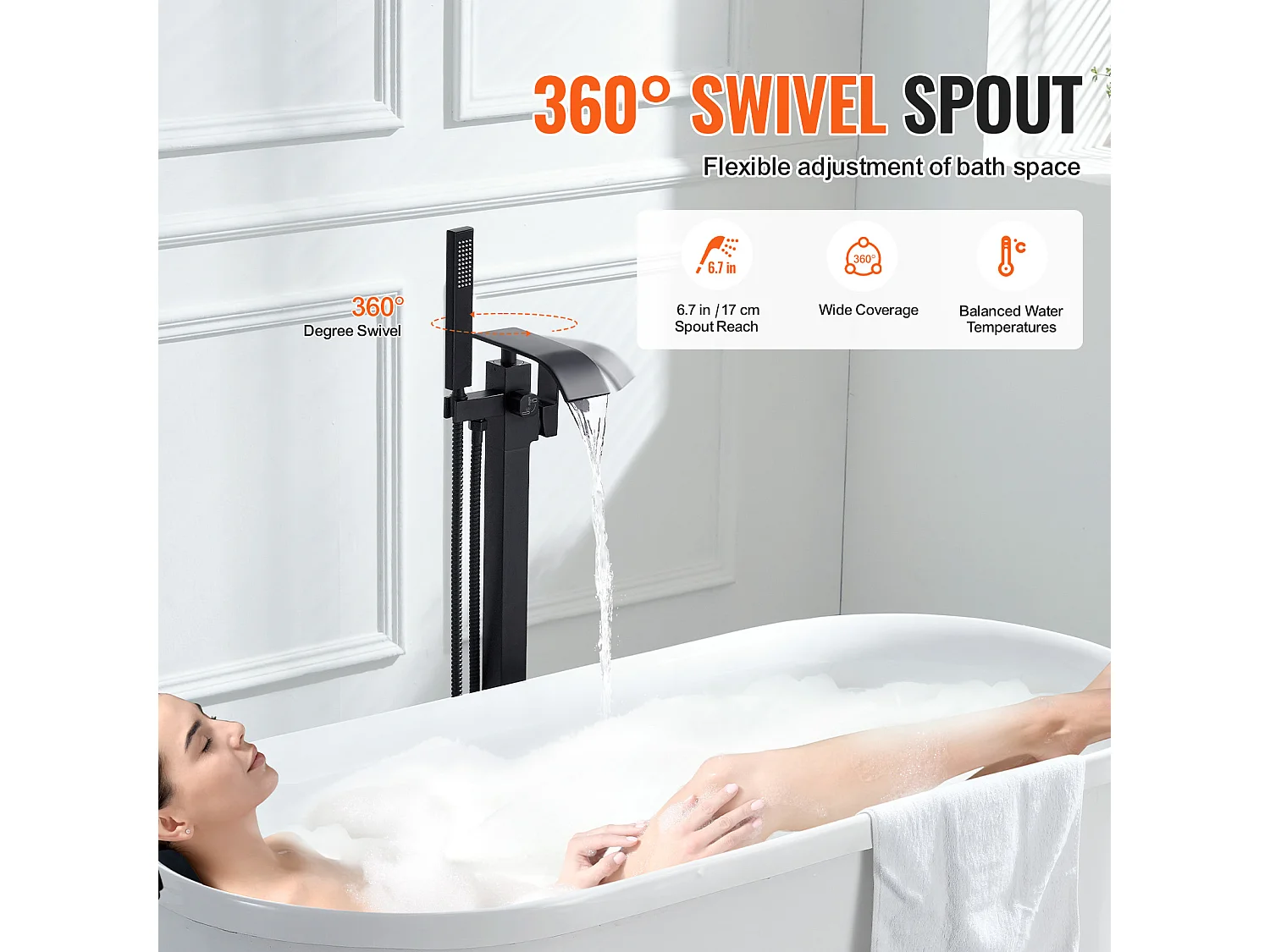 Ensemble Baignoire SucceBuy Robinet de Baignoire Autoportant, Montage au Sol, Pivotant à 360°, Deux Modes D'eau