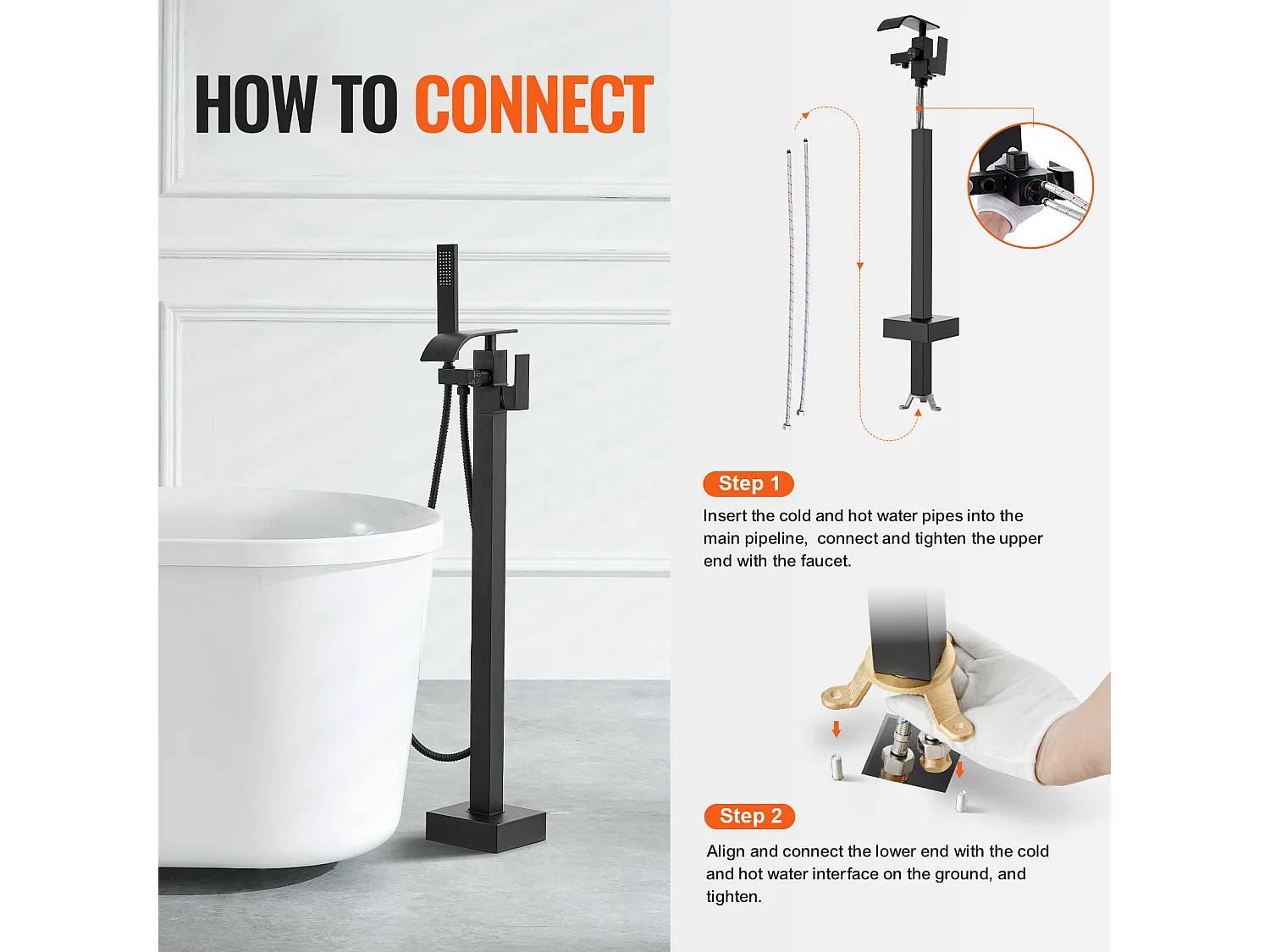 Ensemble Baignoire SucceBuy Robinet de Baignoire Autoportant, Montage au Sol, Pivotant à 360°, Deux Modes D'eau