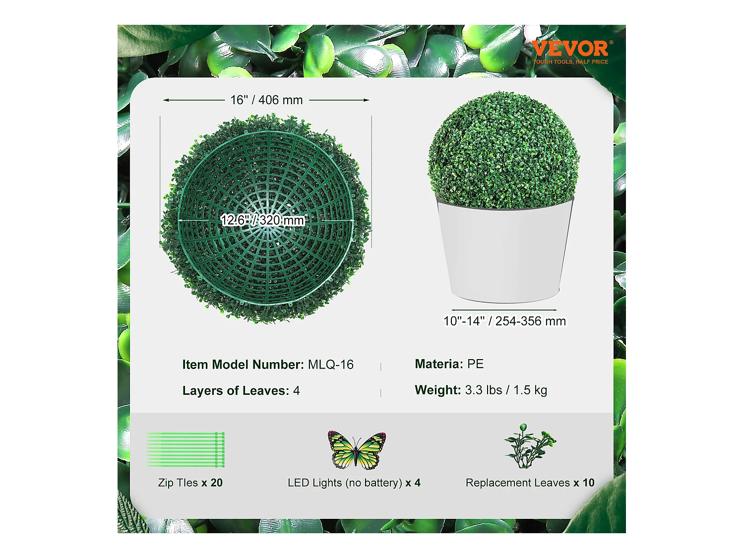 Arbre Artificiel SucceBuy Boule Topiaire Artificielle de 16 Po, Fausses Plantes Vertes pour Décoration Extérieure/Intérieure