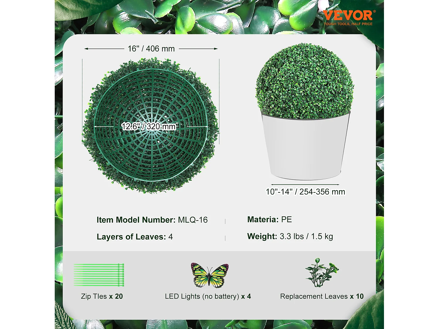 Arbre Artificiel SucceBuy Boule Topiaire Artificielle de 16 Po, Fausses Plantes Vertes pour Décoration Extérieure/Intérieure