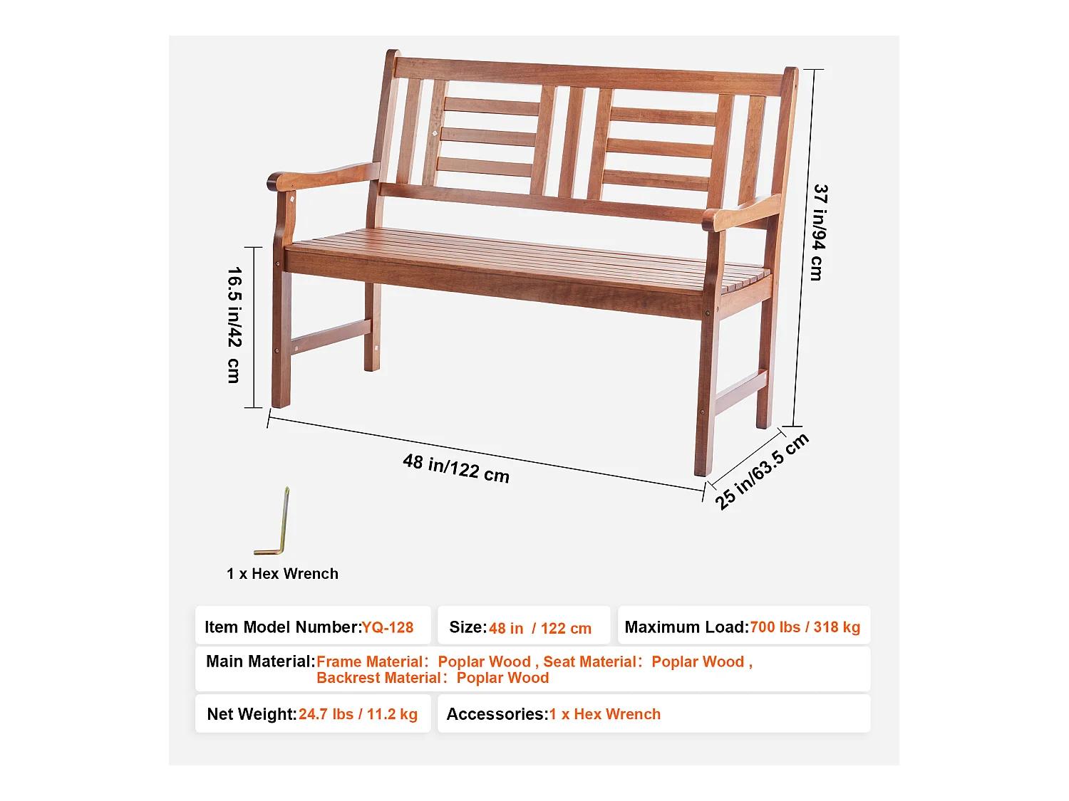 122 cm Houten Tuinbank SucceBuy, 700 lbs, Terraszitplaats Voor Tuin en Veranda