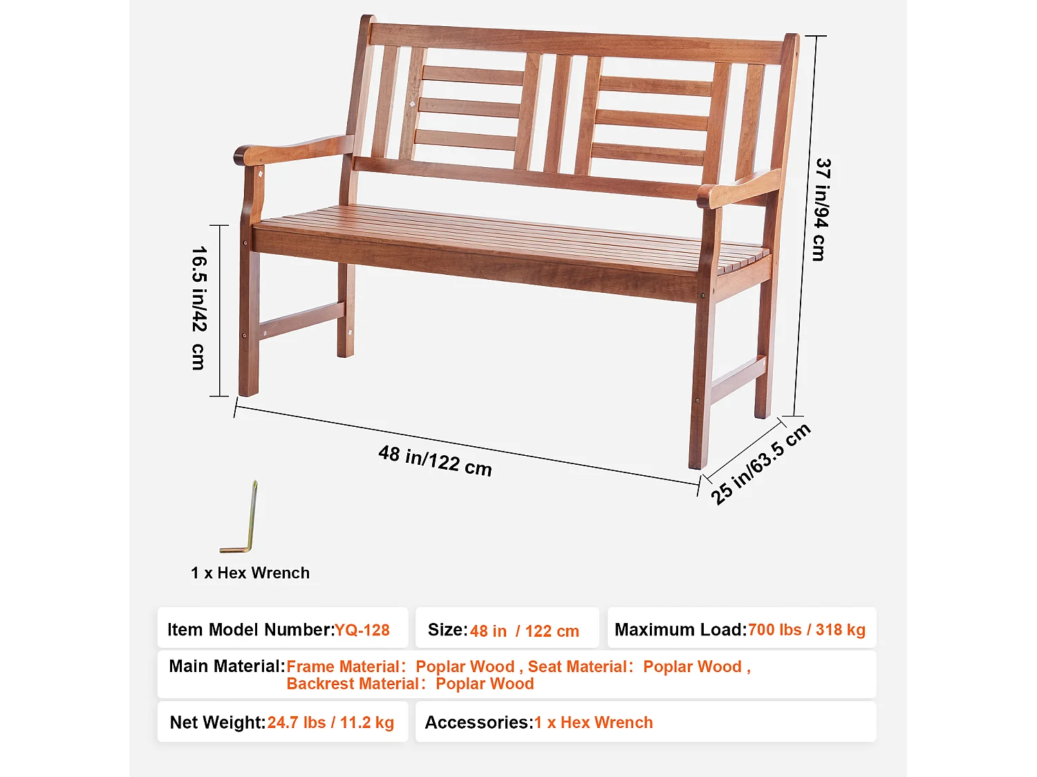 122 cm Wooden Garden Bench SucceBuy, 700 lbs, Outdoor Patio Seating for Yard & Porch