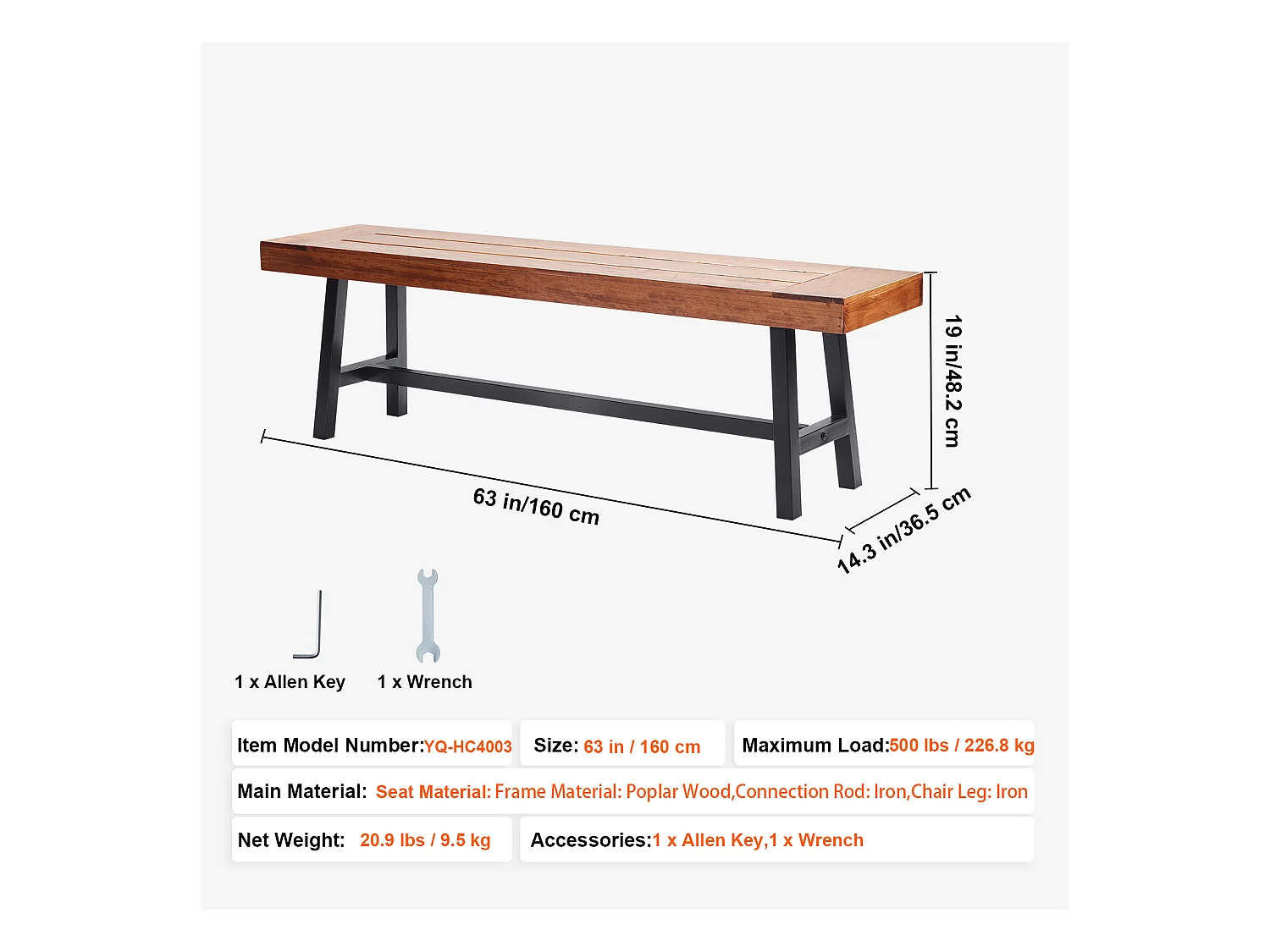Banc de Jardin en Bois de 160 cm avec Pieds en Métal SucceBuy, Sièges de Salle à Manger pour l'Extérieur, le Parc et la Terrasse