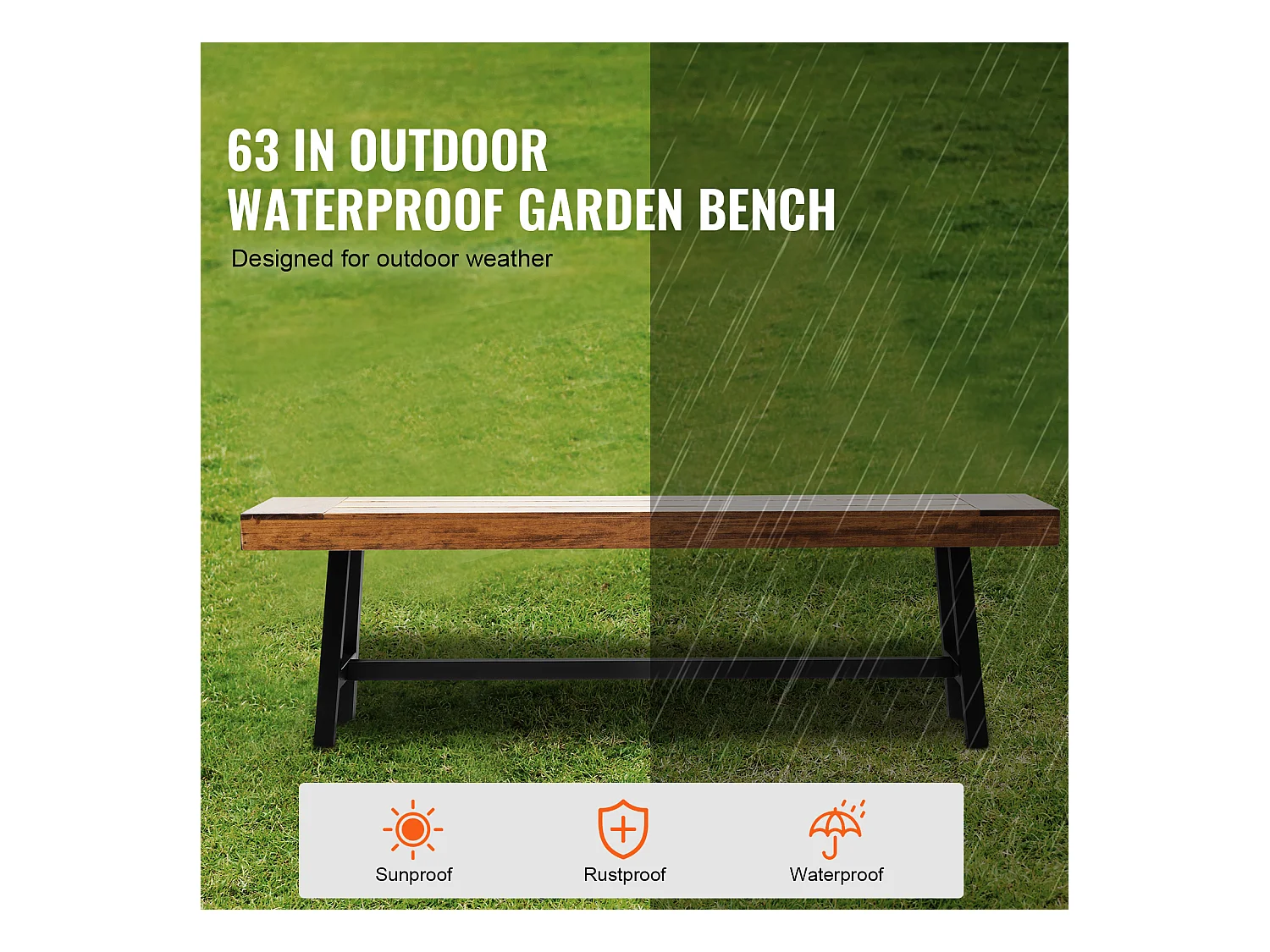 Banc de Jardin en Bois de 160 cm avec Pieds en Métal SucceBuy, Sièges de Salle à Manger pour l'Extérieur, le Parc et la Terrasse