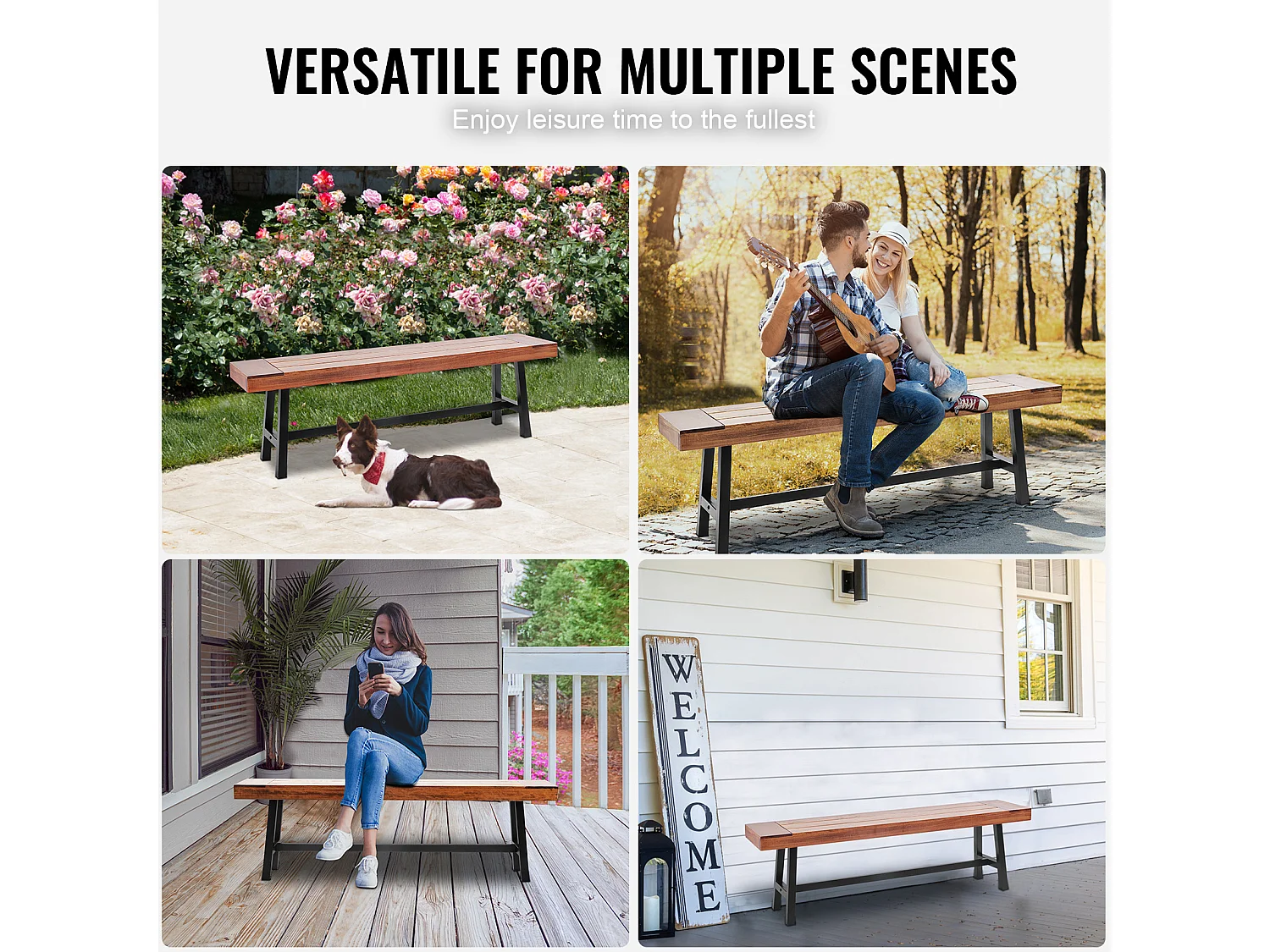 Banc de Jardin en Bois de 160 cm avec Pieds en Métal SucceBuy, Sièges de Salle à Manger pour l'Extérieur, le Parc et la Terrasse