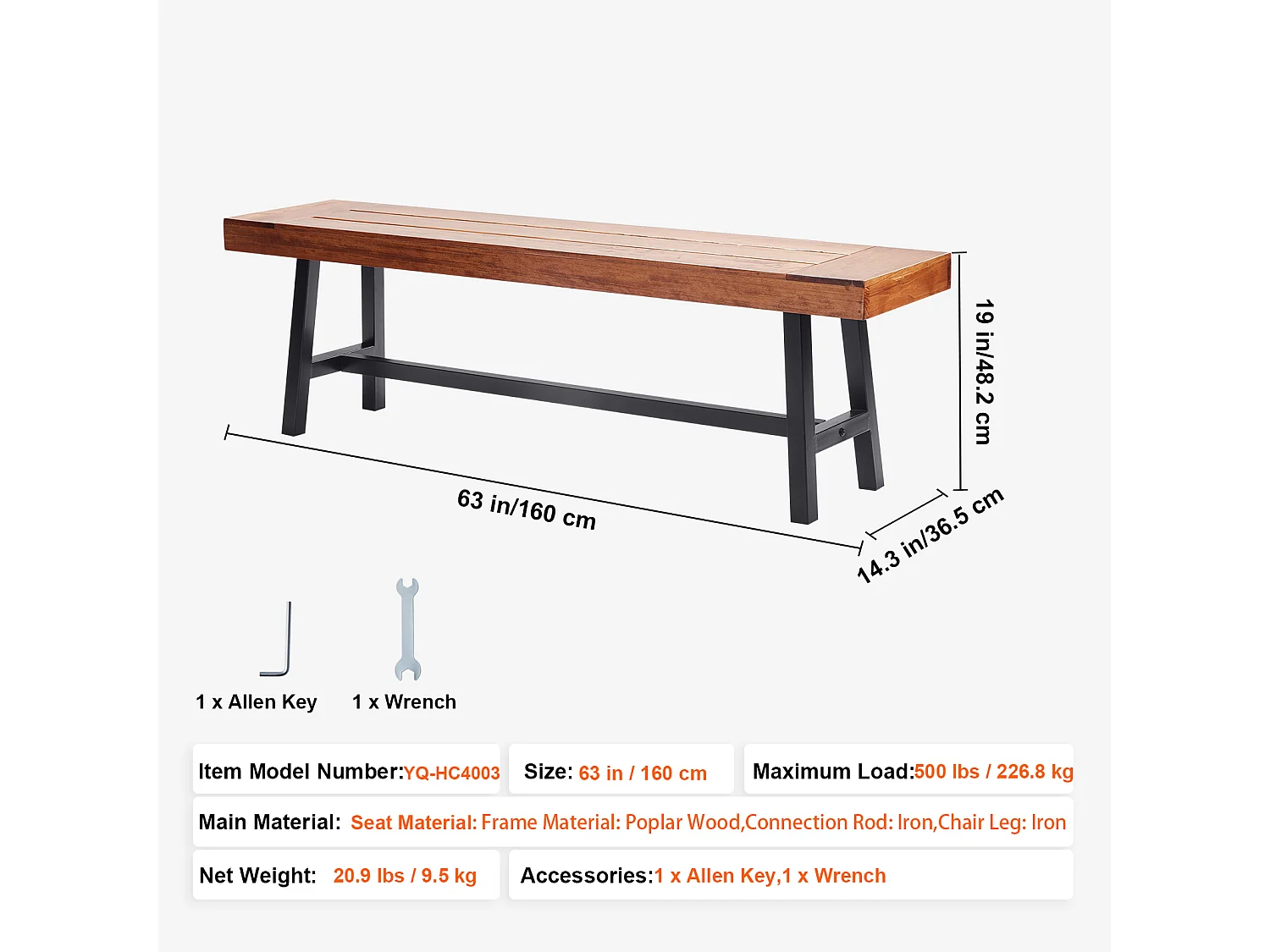 Banc de Jardin en Bois de 160 cm avec Pieds en Métal SucceBuy, Sièges de Salle à Manger pour l'Extérieur, le Parc et la Terrasse