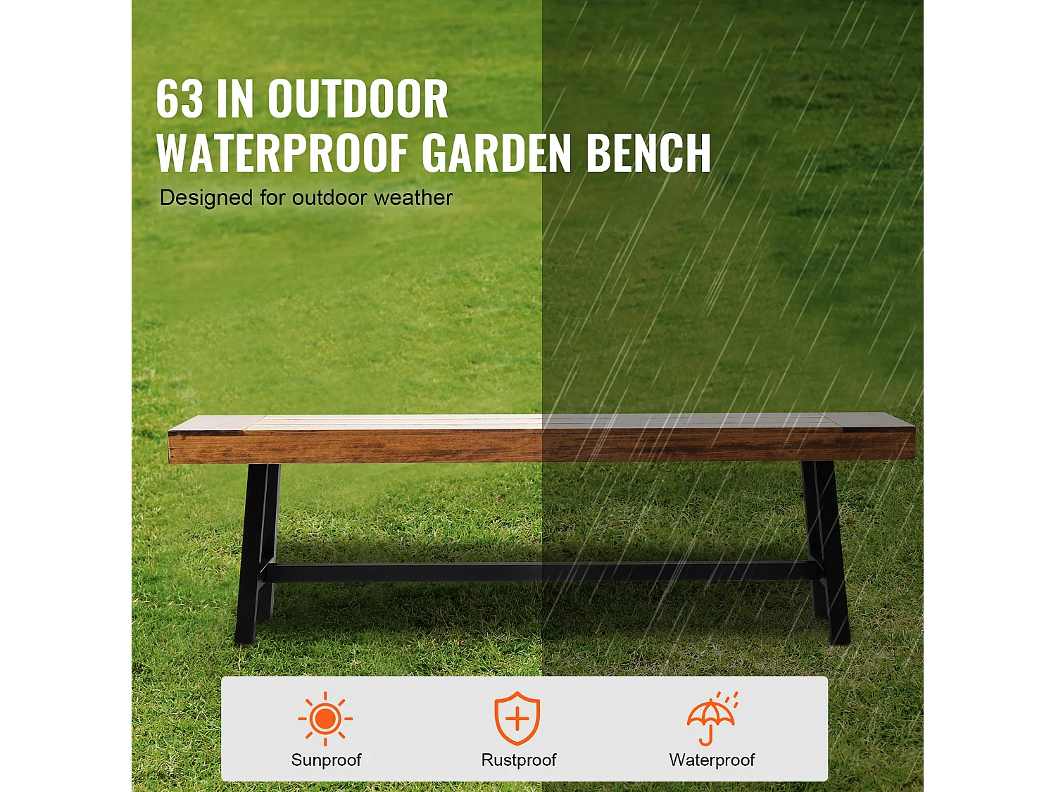 Banc de Jardin en Bois de 160 cm avec Pieds en Métal SucceBuy, Sièges de Salle à Manger pour l'Extérieur, le Parc et la Terrasse