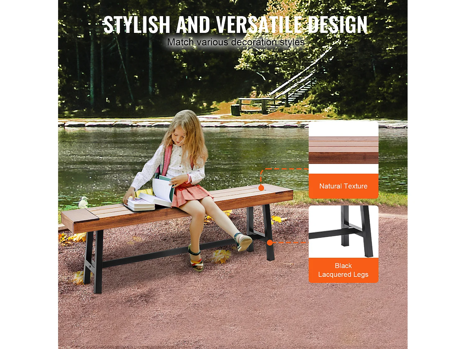 Banc de Jardin en Bois de 160 cm avec Pieds en Métal SucceBuy, Sièges de Salle à Manger pour l'Extérieur, le Parc et la Terrasse