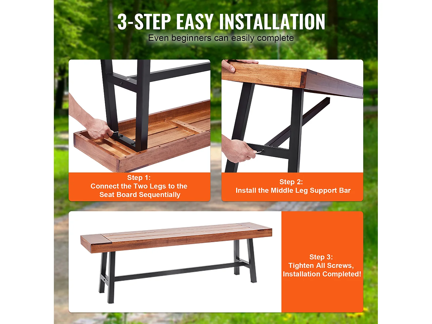 Banc de Jardin en Bois de 160 cm avec Pieds en Métal SucceBuy, Sièges de Salle à Manger pour l'Extérieur, le Parc et la Terrasse