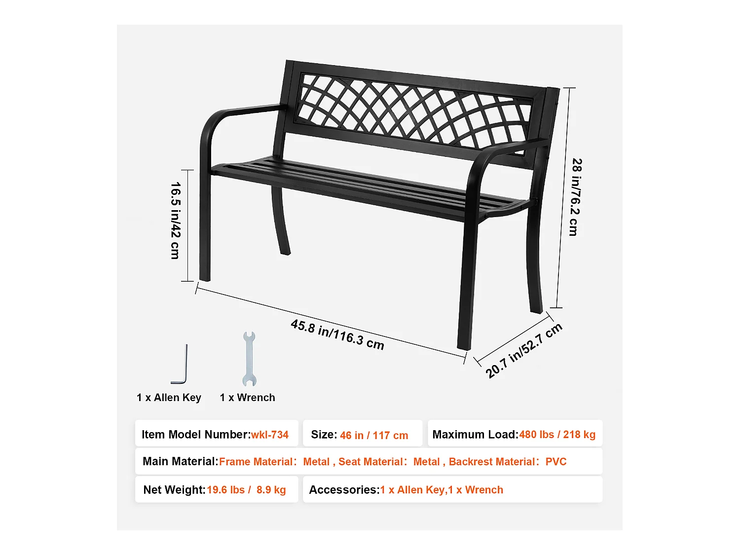 Banc de Jardin en Métal 117 cm pour l'Extérieur SucceBuy, d'une Capacité de 480 Livres, pour le Patio, le Parc, la Cour, le Porche